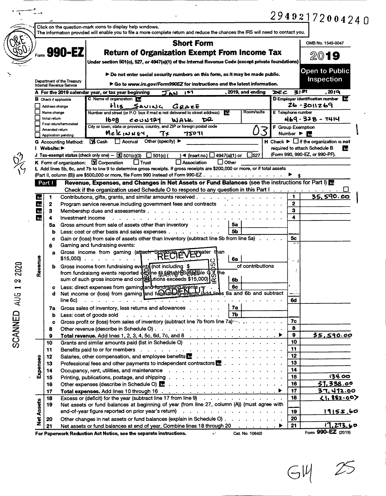 Image of first page of 2019 Form 990EZ for His Saving Grace