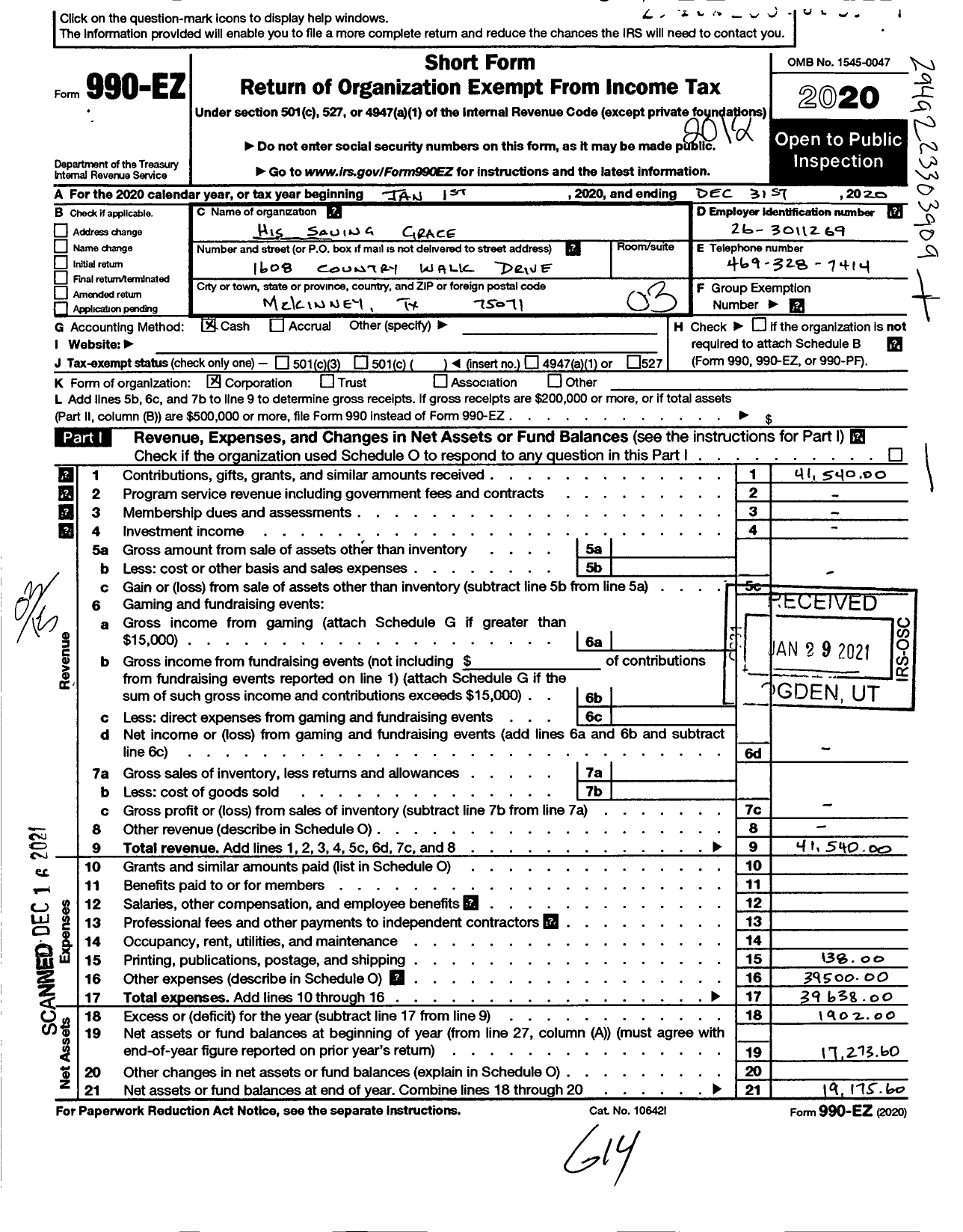 Image of first page of 2020 Form 990EZ for His Saving Grace