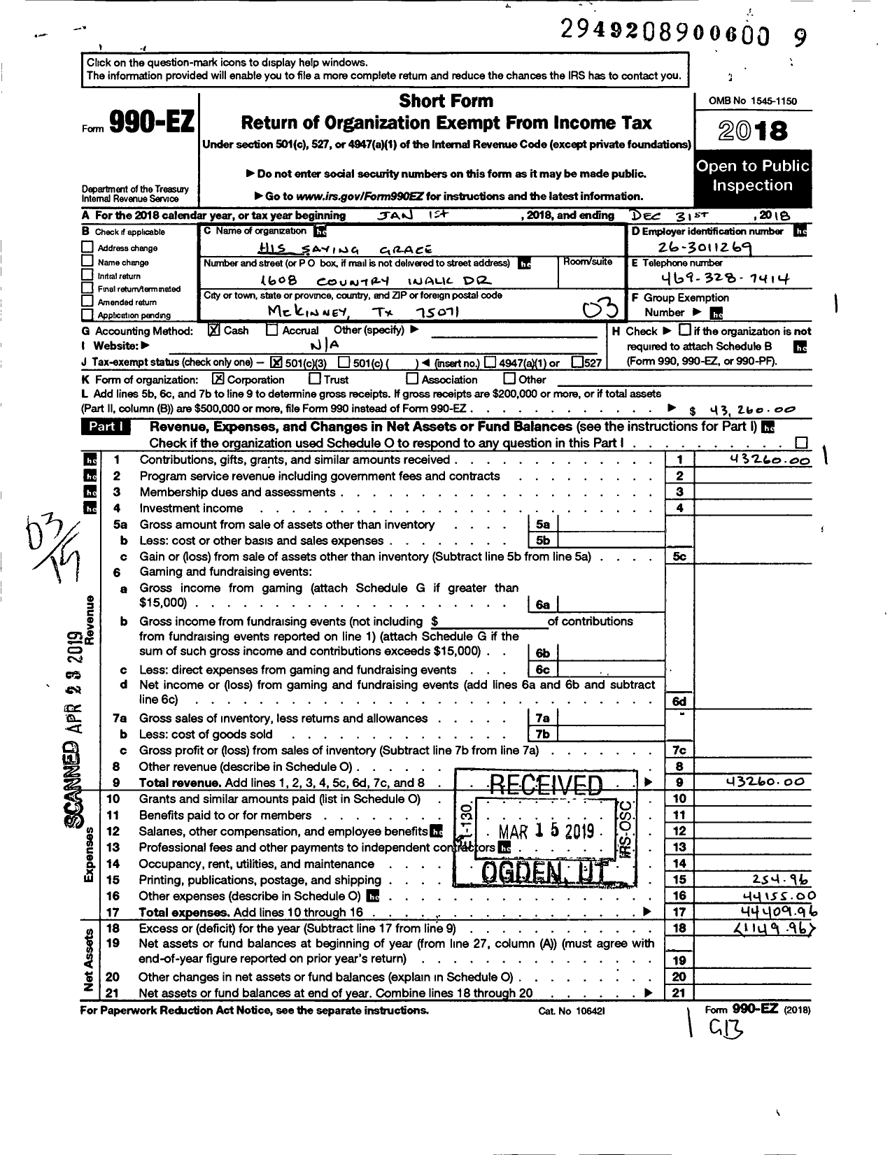 Image of first page of 2018 Form 990EZ for His Saving Grace