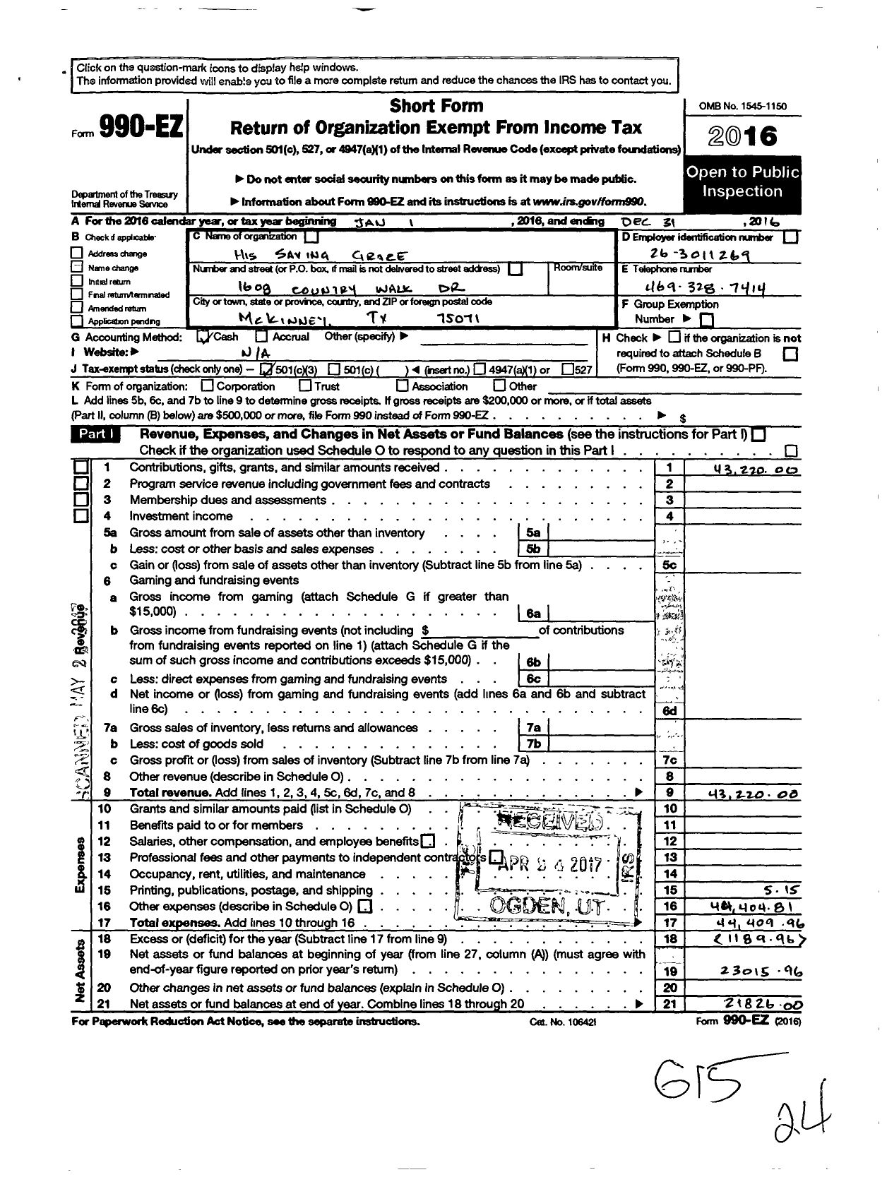 Image of first page of 2016 Form 990EZ for His Saving Grace