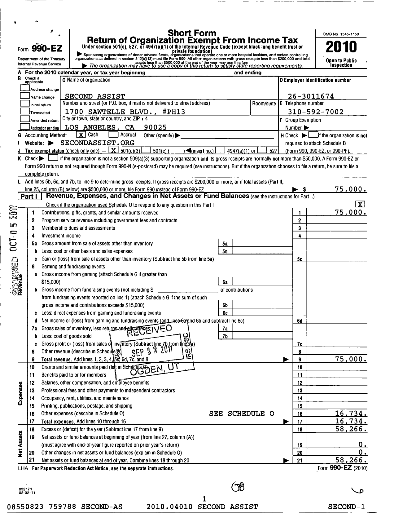 Image of first page of 2010 Form 990EZ for Second Assist