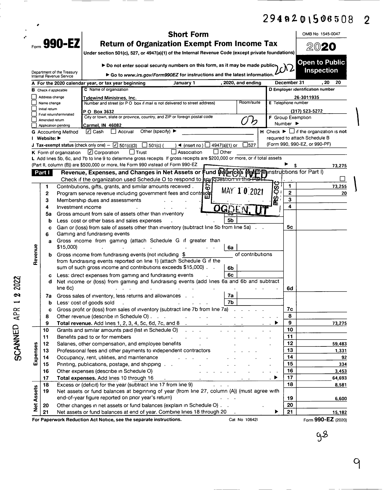 Image of first page of 2020 Form 990EZ for Tidewind Ministries