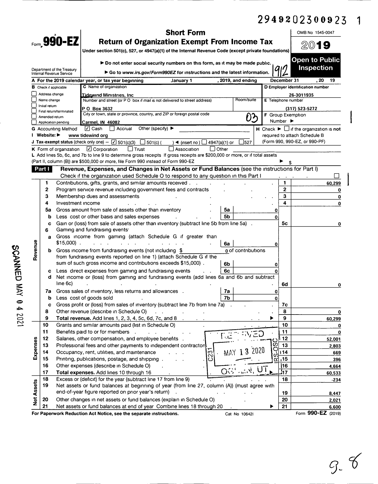 Image of first page of 2019 Form 990EZ for Tidewind Ministries