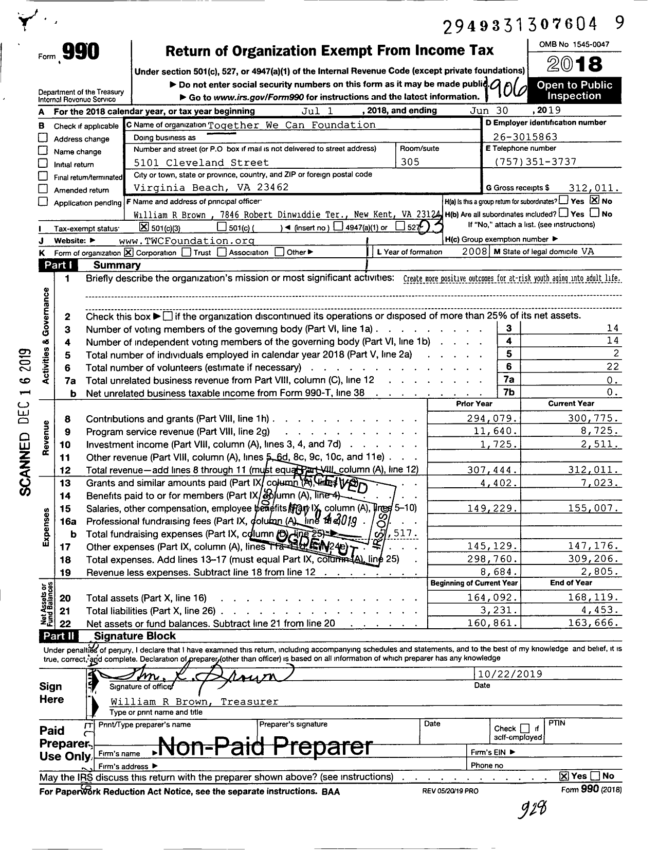 Image of first page of 2018 Form 990 for Together We Can Foundation