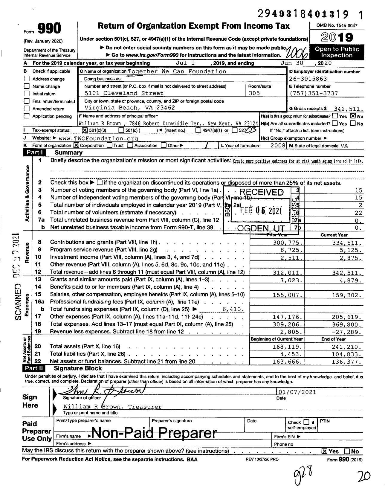 Image of first page of 2019 Form 990 for Together We Can Foundation