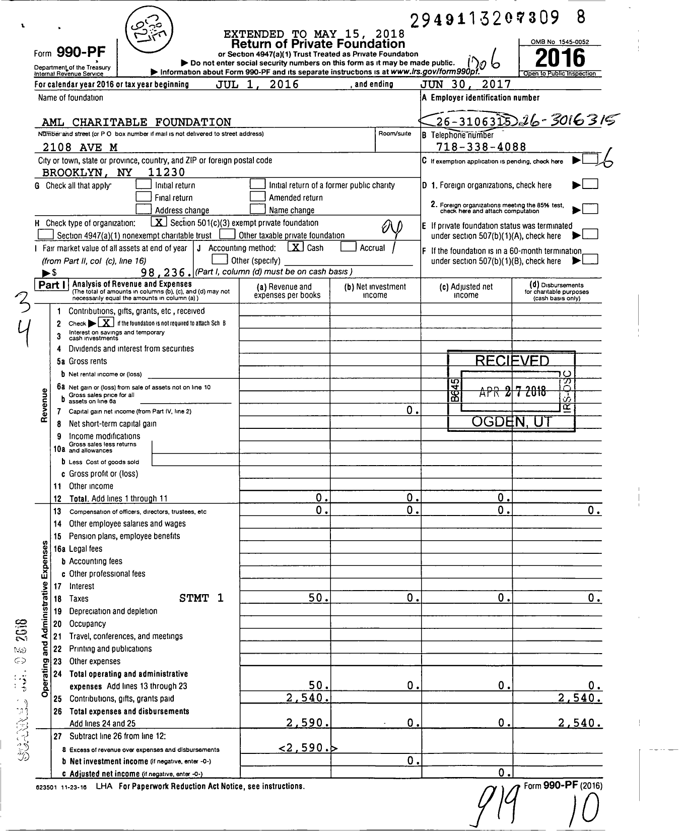 Image of first page of 2016 Form 990PF for Aml Charitable Foundation