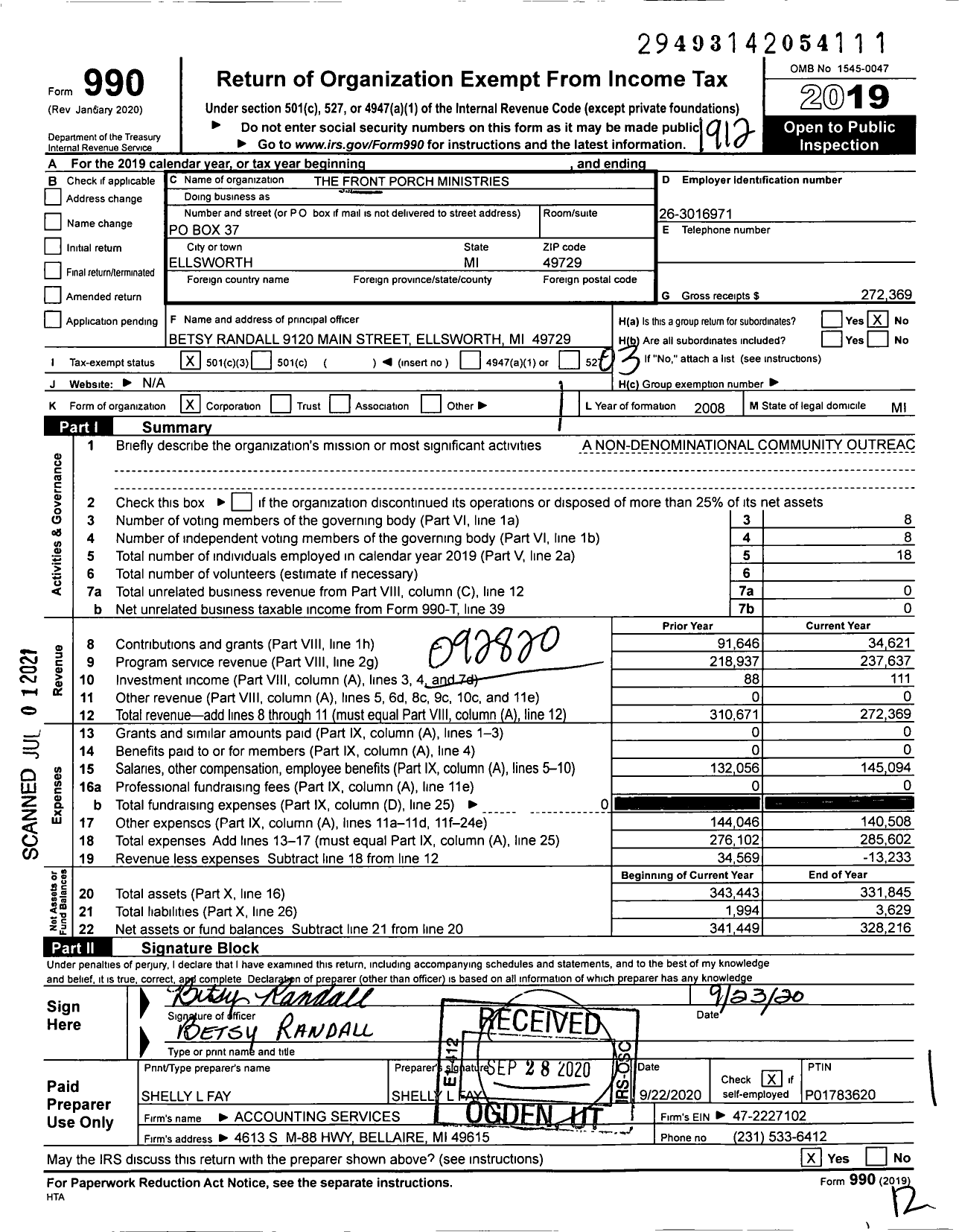 Image of first page of 2019 Form 990 for The Front Porch Ministries