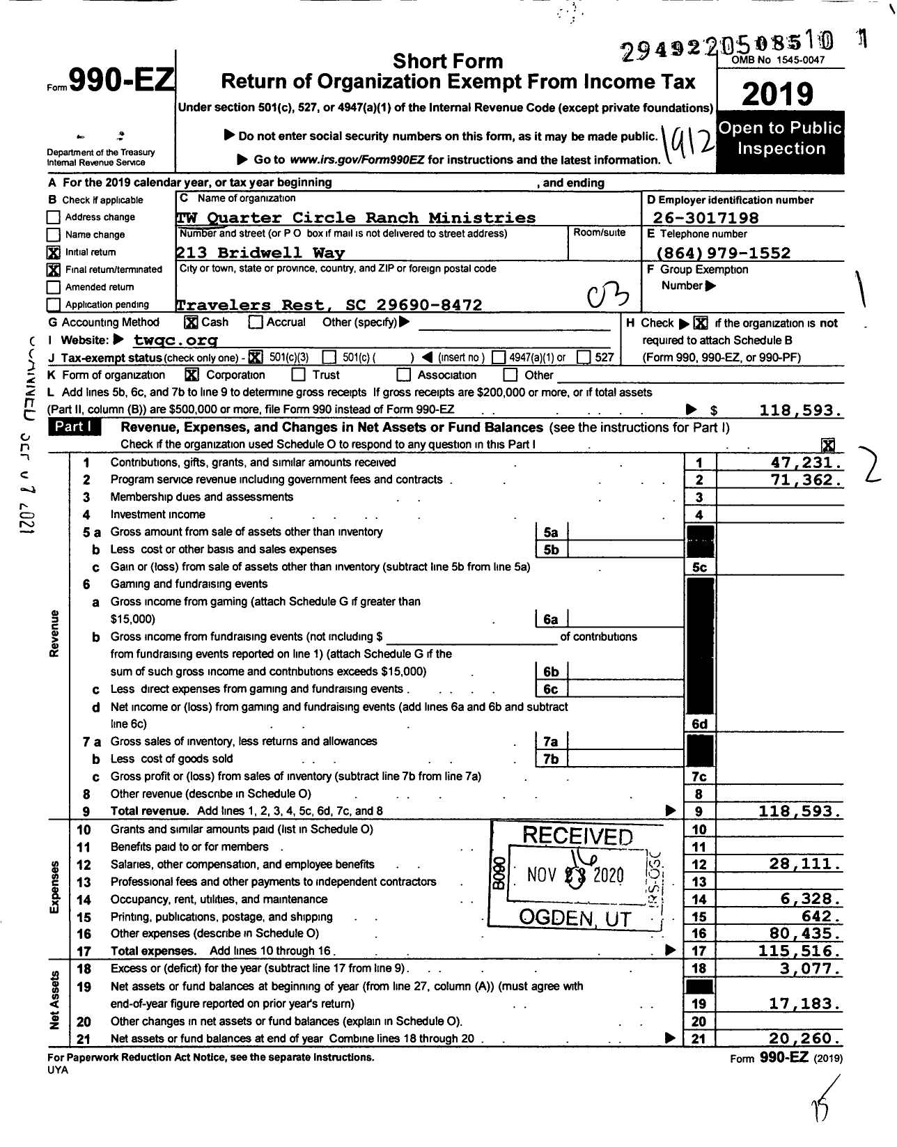 Image of first page of 2019 Form 990EZ for TW Quarter Circle Ranch Ministries