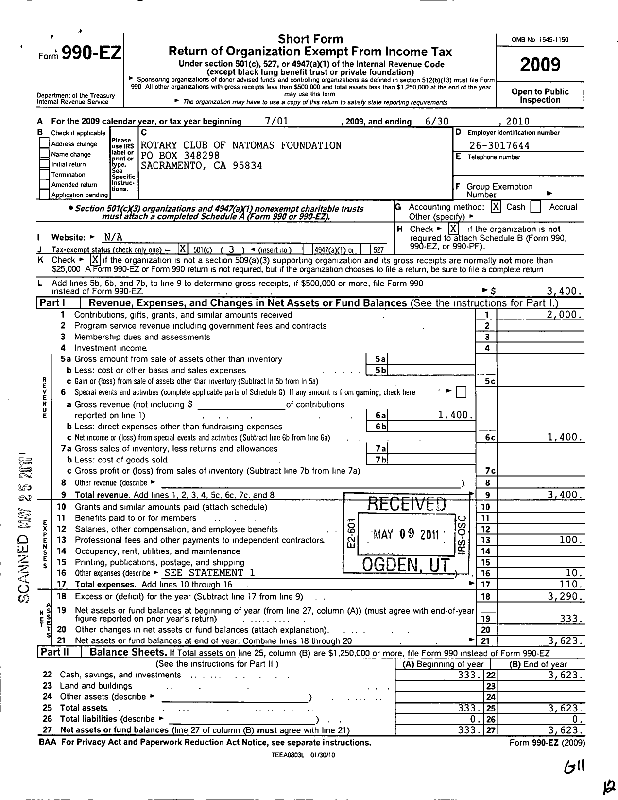 Image of first page of 2009 Form 990EZ for Rotary Club of Natomas Foundation