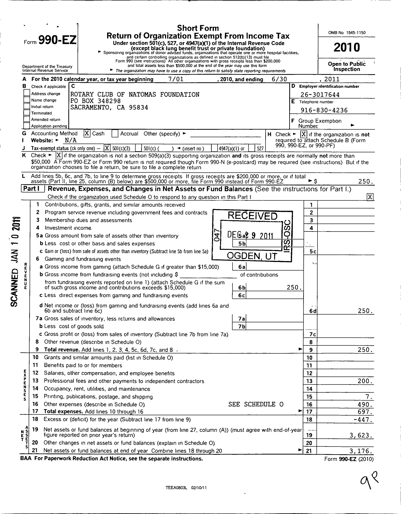 Image of first page of 2010 Form 990EZ for Rotary Club of Natomas Foundation