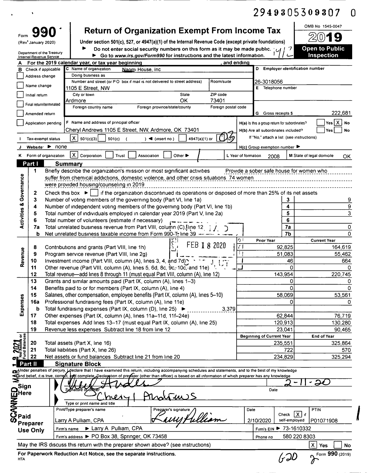 Image of first page of 2019 Form 990 for Naomi House