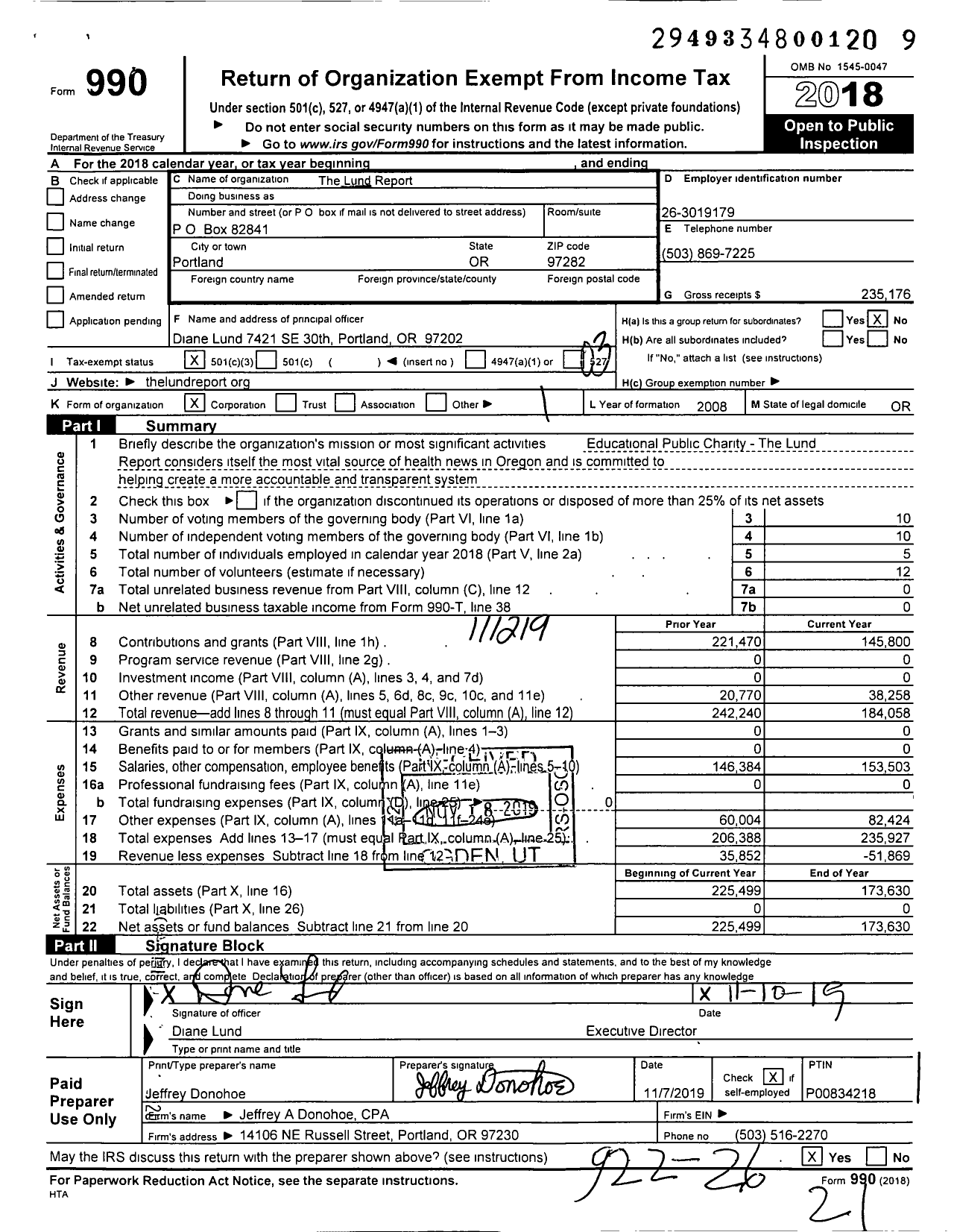 Image of first page of 2018 Form 990 for The Lund Report