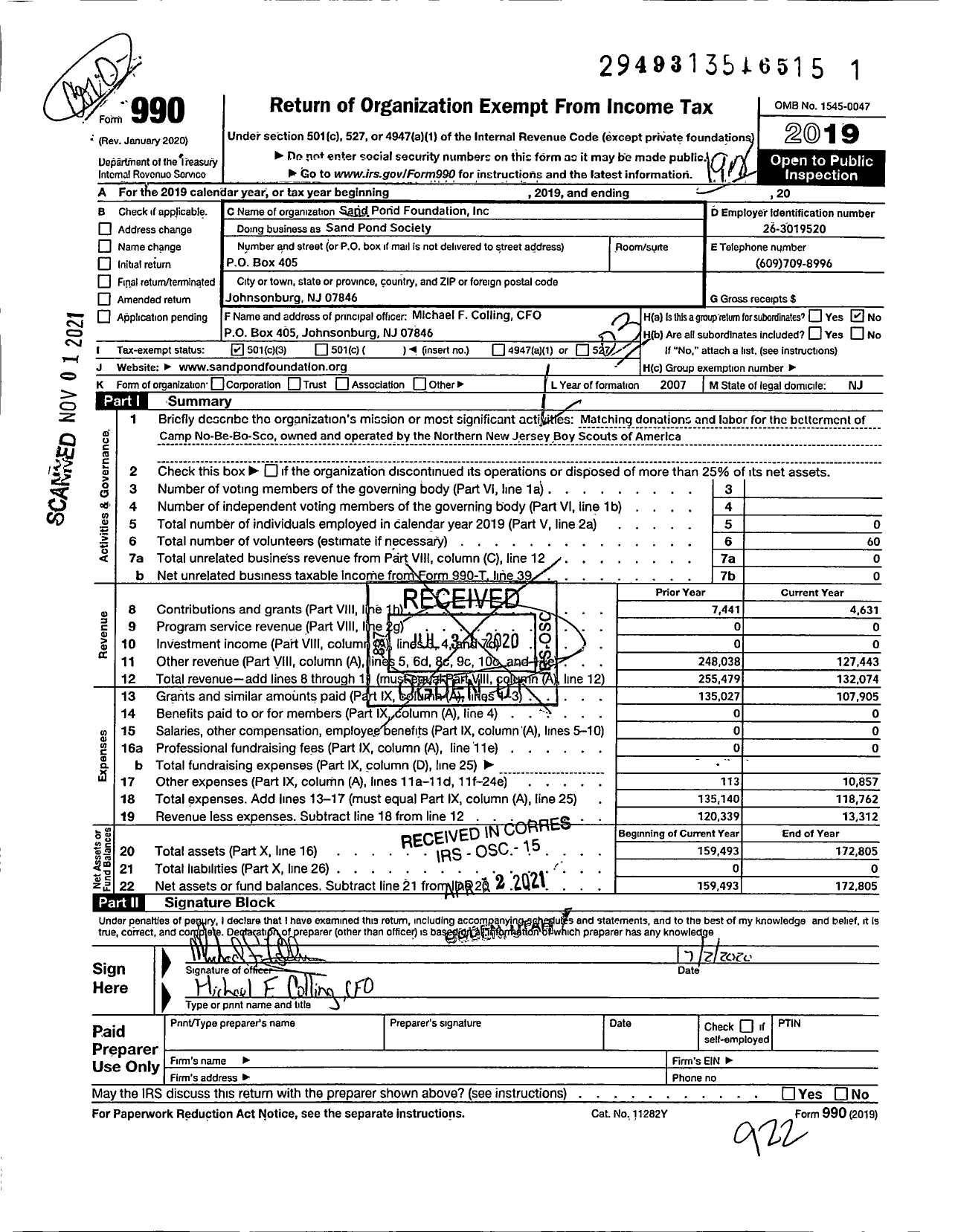 Image of first page of 2019 Form 990 for Sand Pond Foundation / Sand Pond Society