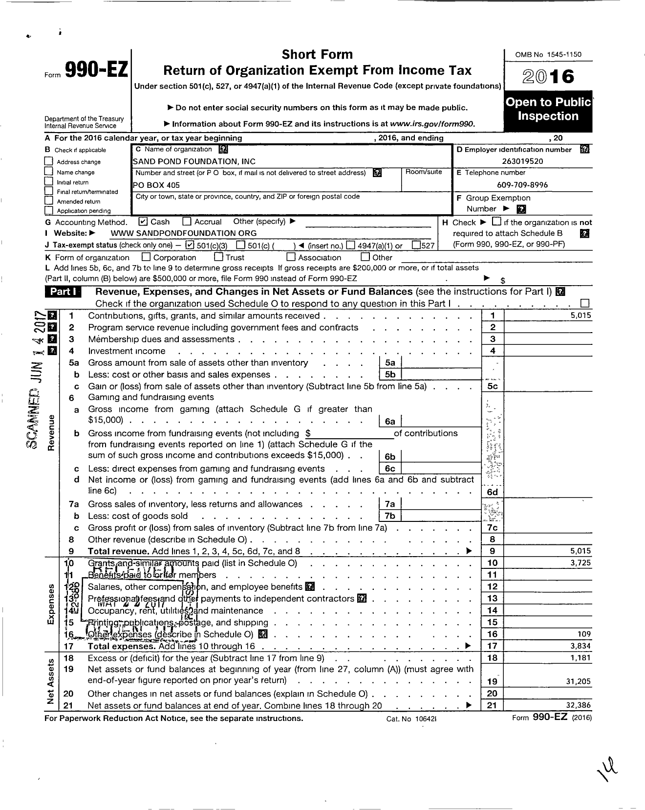 Image of first page of 2016 Form 990EZ for Sand Pond Foundation / Sand Pond Society