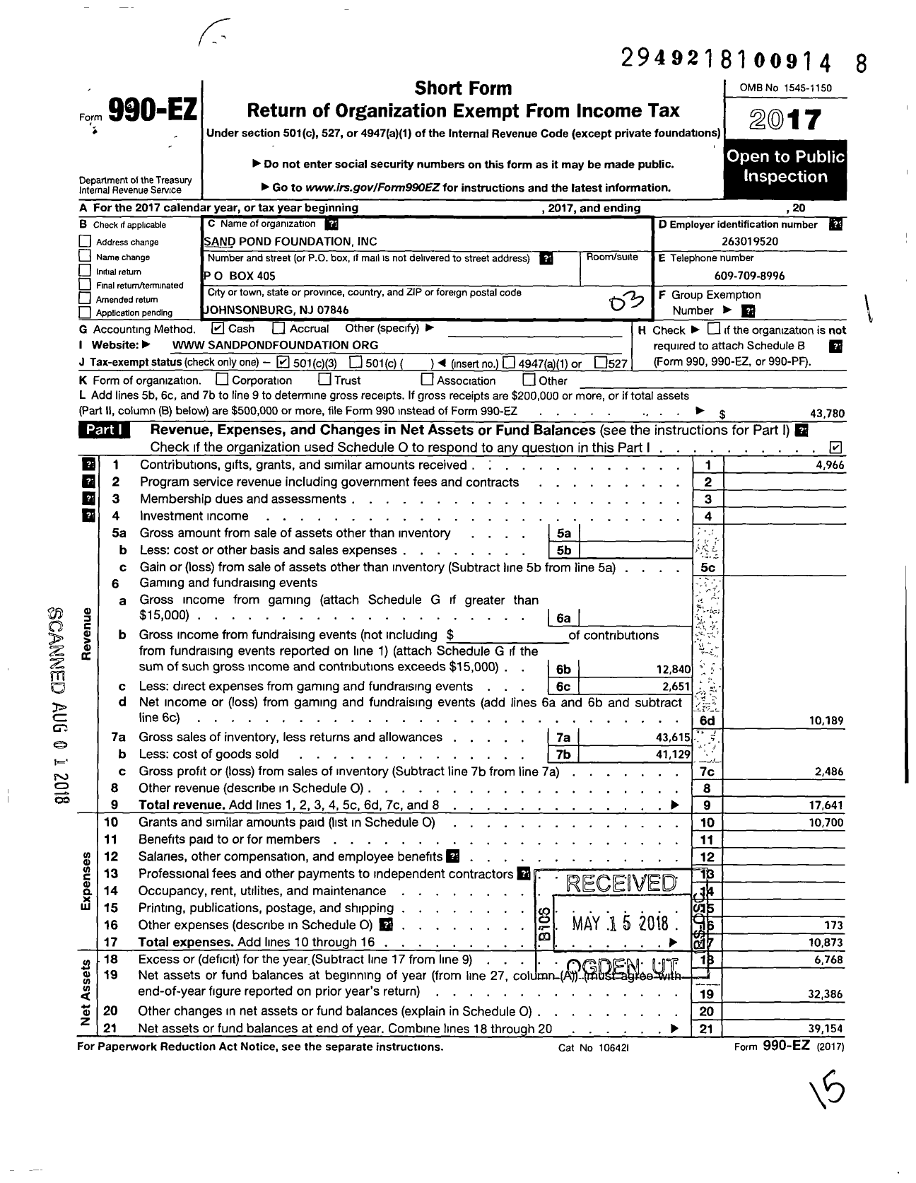 Image of first page of 2017 Form 990EZ for Sand Pond Foundation / Sand Pond Society