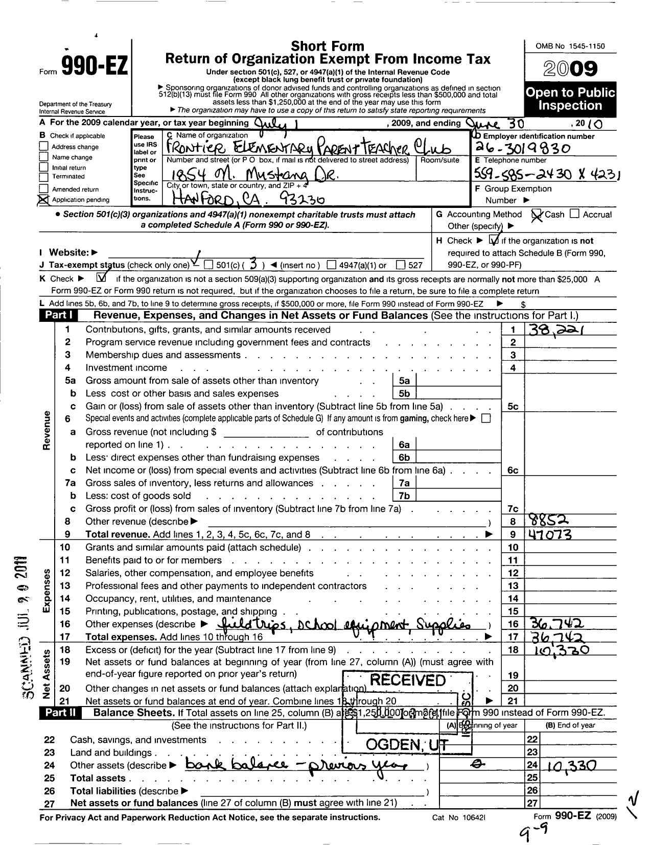 Image of first page of 2009 Form 990EZ for Frontier Elementary Parent Teacher Club