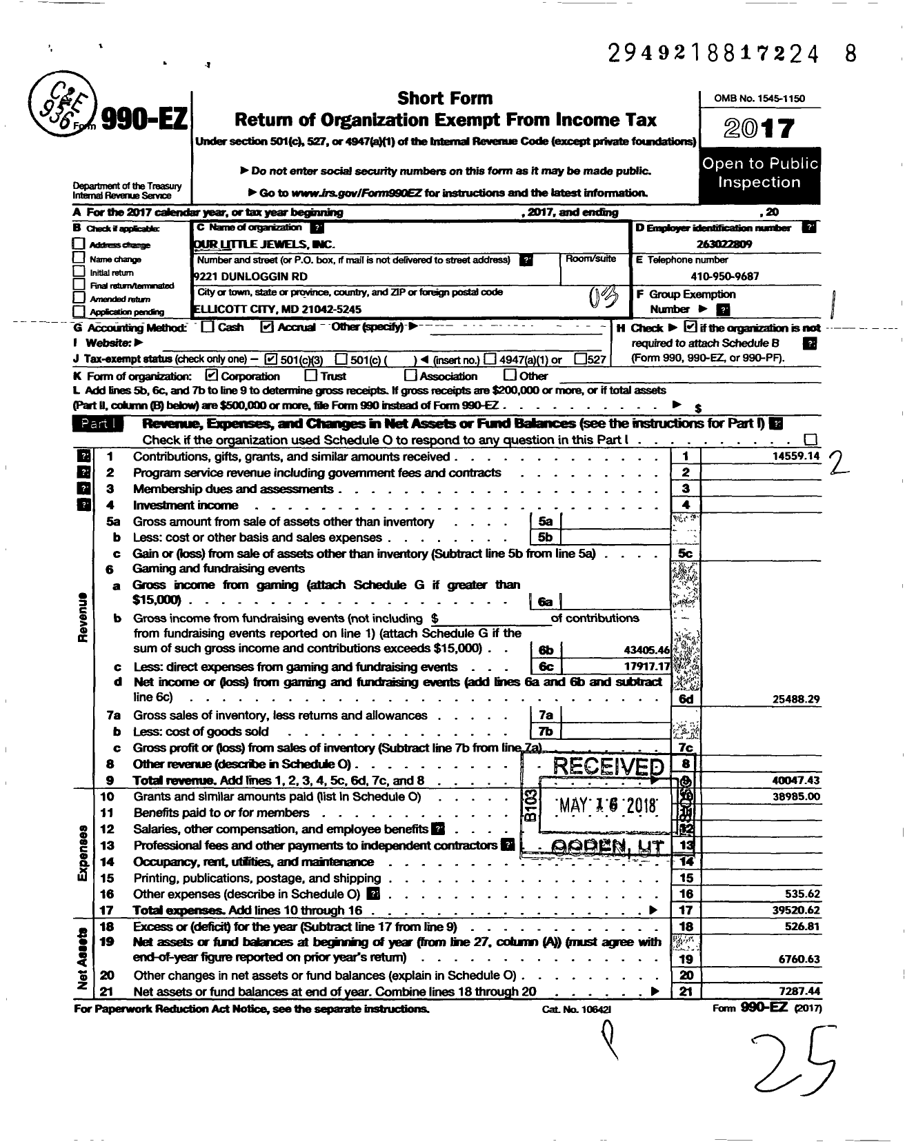 Image of first page of 2017 Form 990EZ for Our Little Jewels