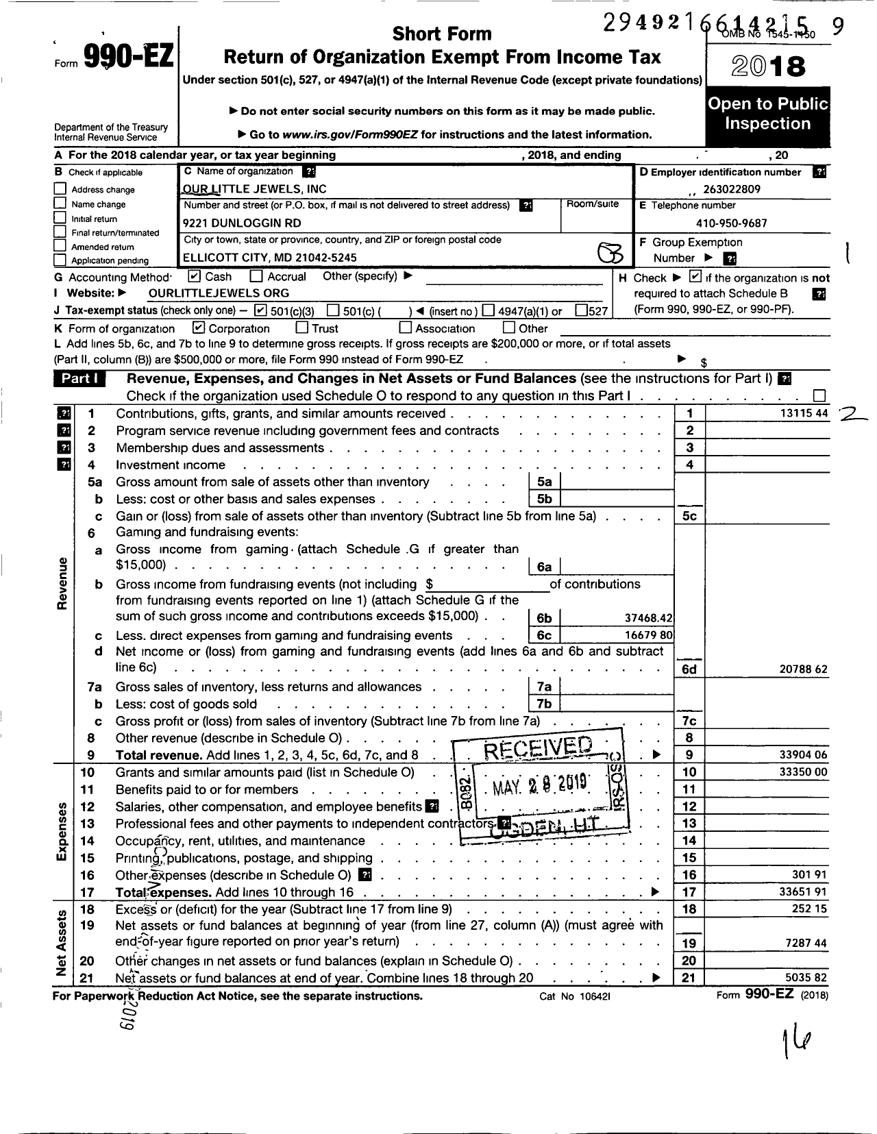 Image of first page of 2018 Form 990EZ for Our Little Jewels