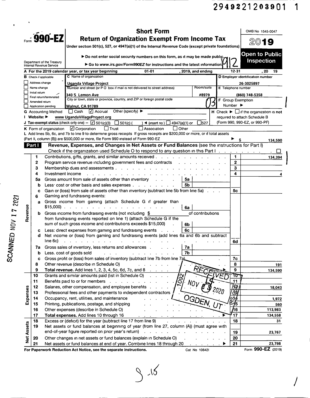 Image of first page of 2019 Form 990EZ for Uganda Village Project