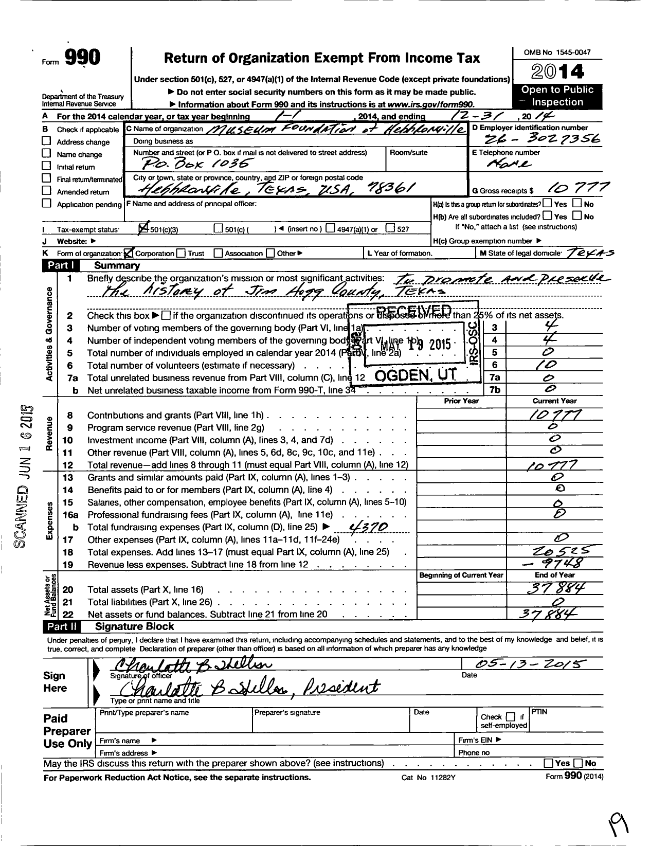 Image of first page of 2014 Form 990 for Museum Foundation of Hebbronville