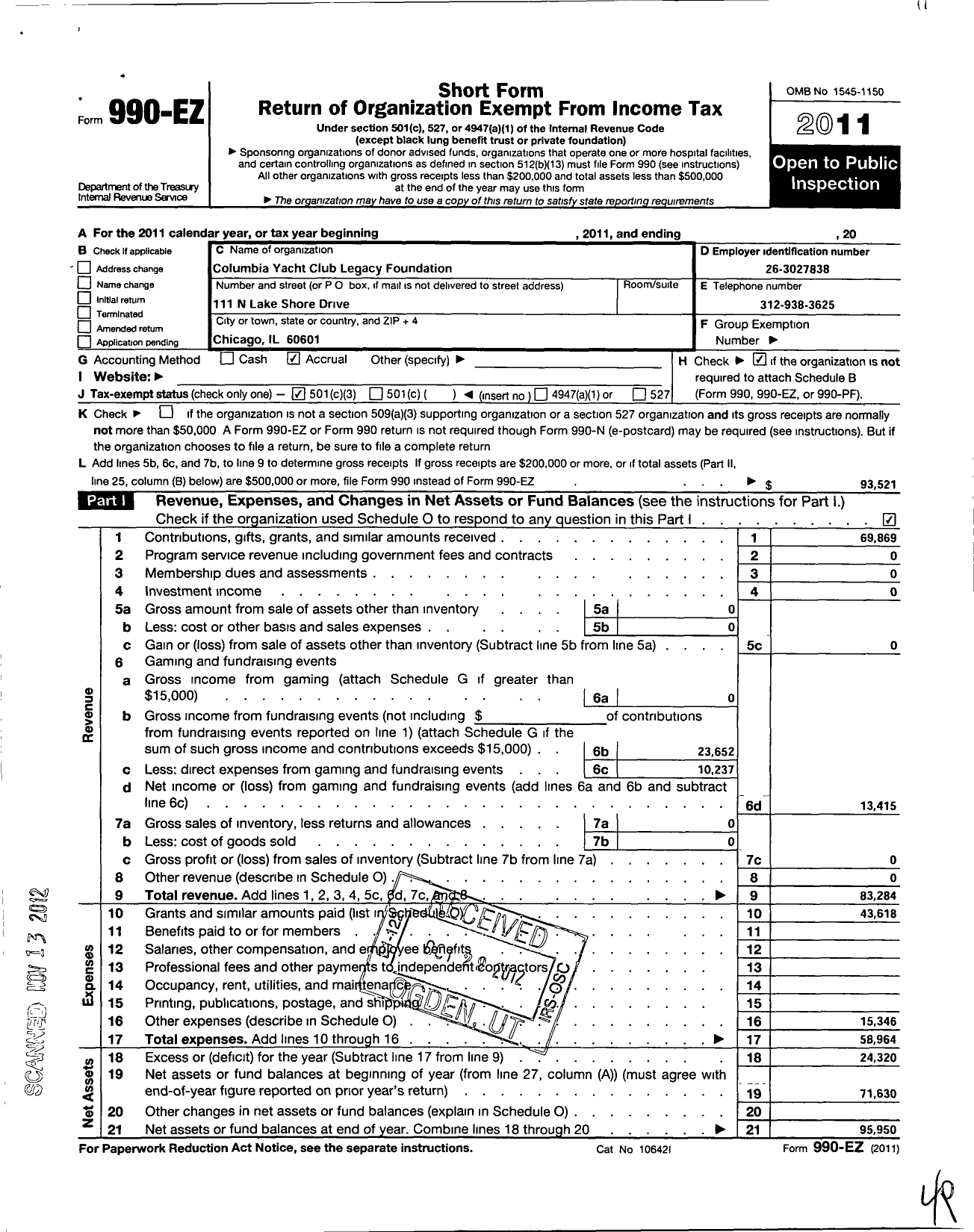 Image of first page of 2011 Form 990EZ for Columbia Yacht Club Legacy Foundation