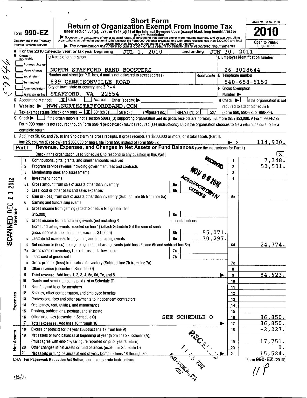 Image of first page of 2010 Form 990EZ for North Stafford Band Boosters