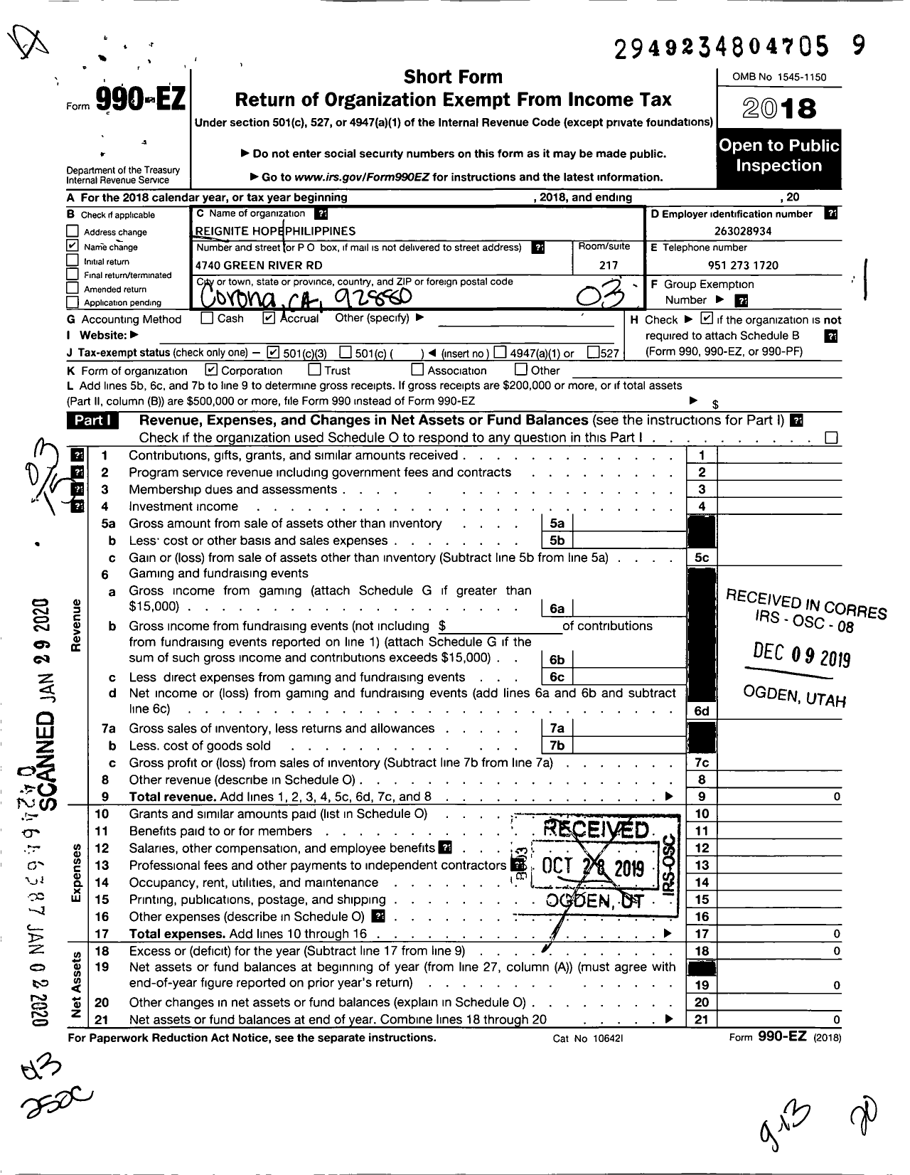 Image of first page of 2018 Form 990EZ for Reignite Hope Philippines