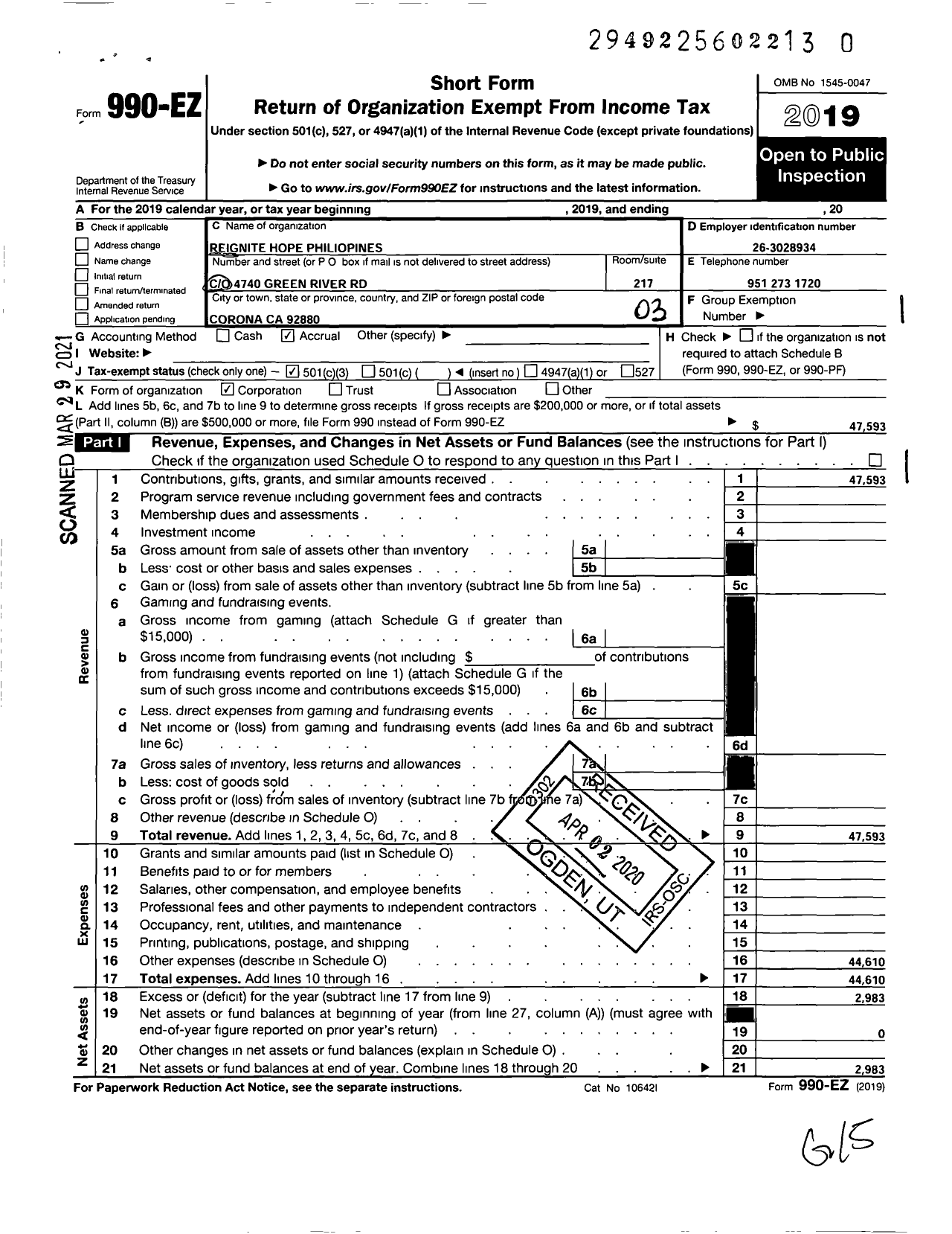 Image of first page of 2019 Form 990EZ for Reignite Hope Philippines