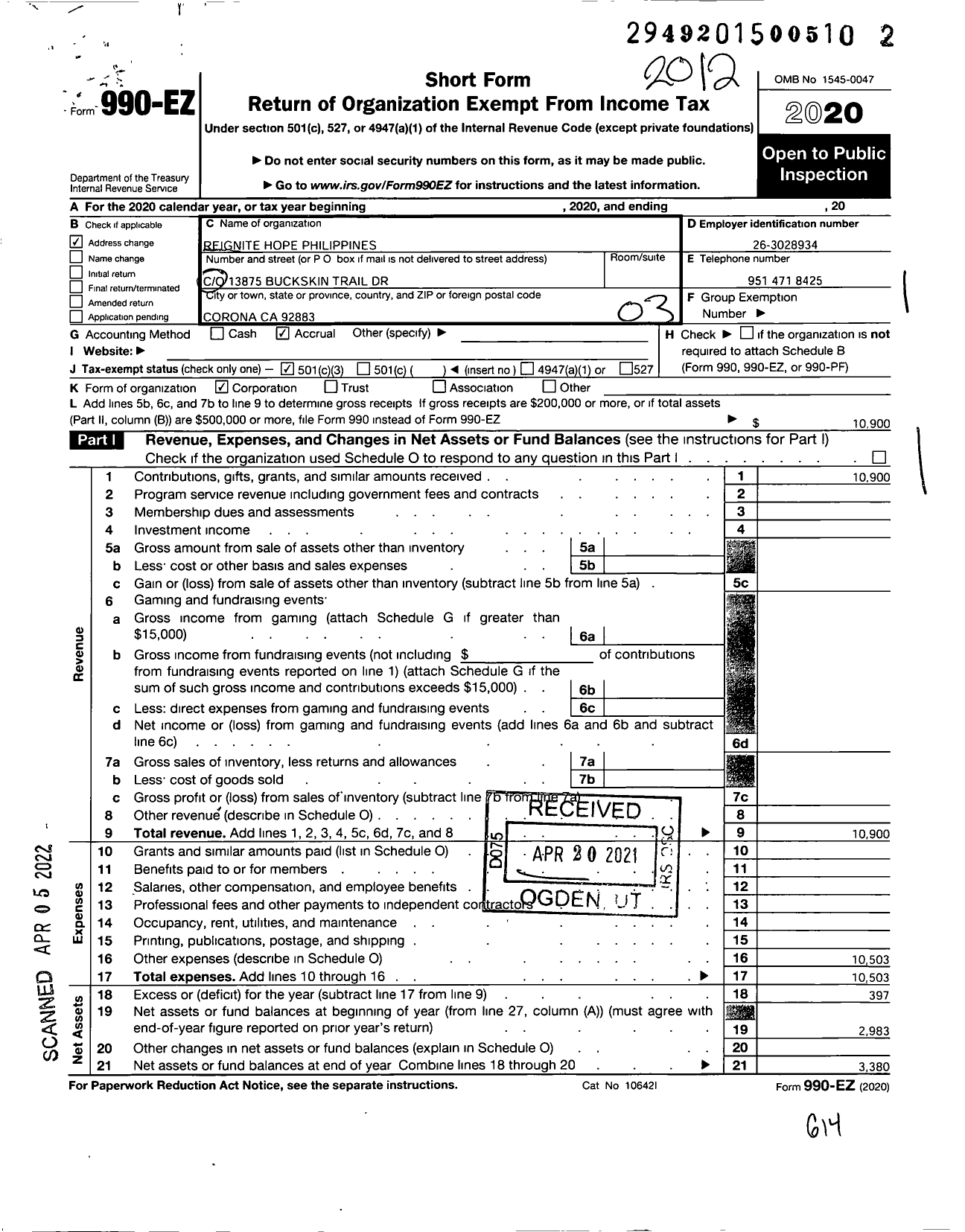 Image of first page of 2020 Form 990EZ for Reignite Hope Philippines