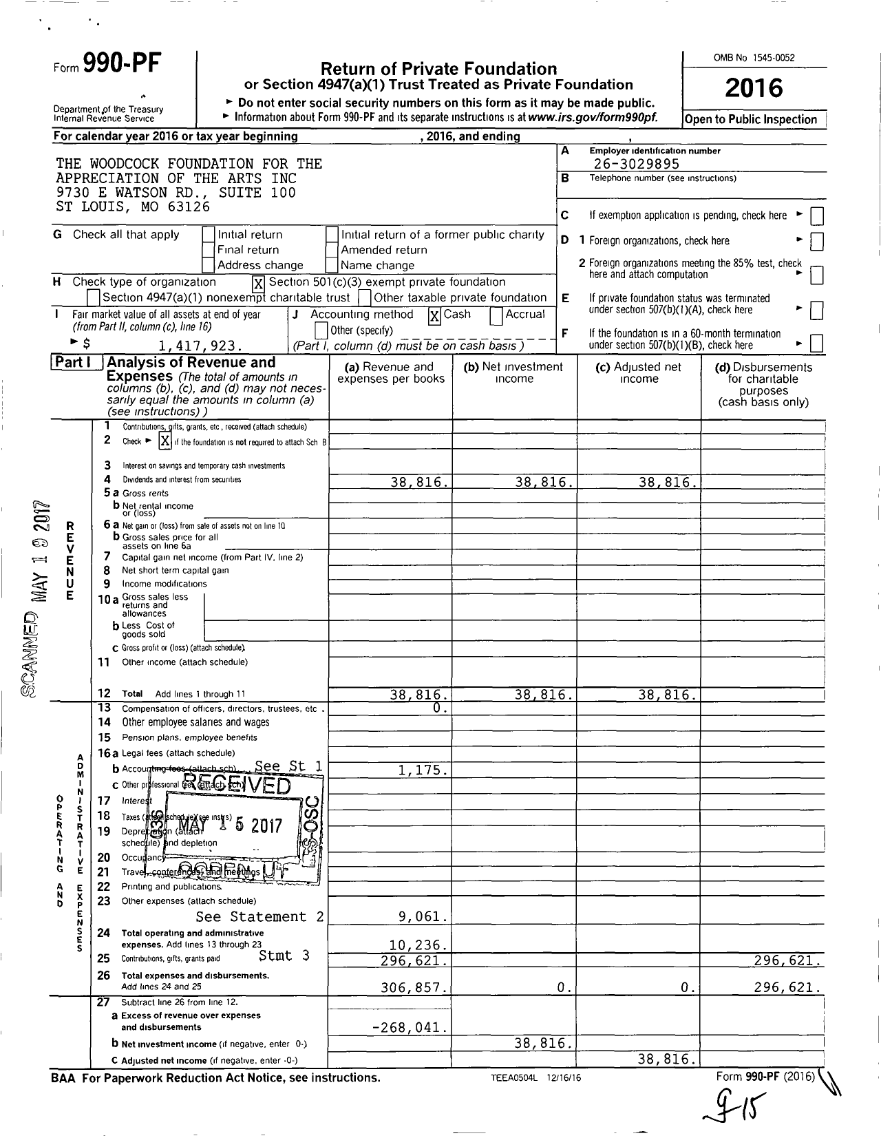 Image of first page of 2016 Form 990PF for The Woodcock Foundation for the App