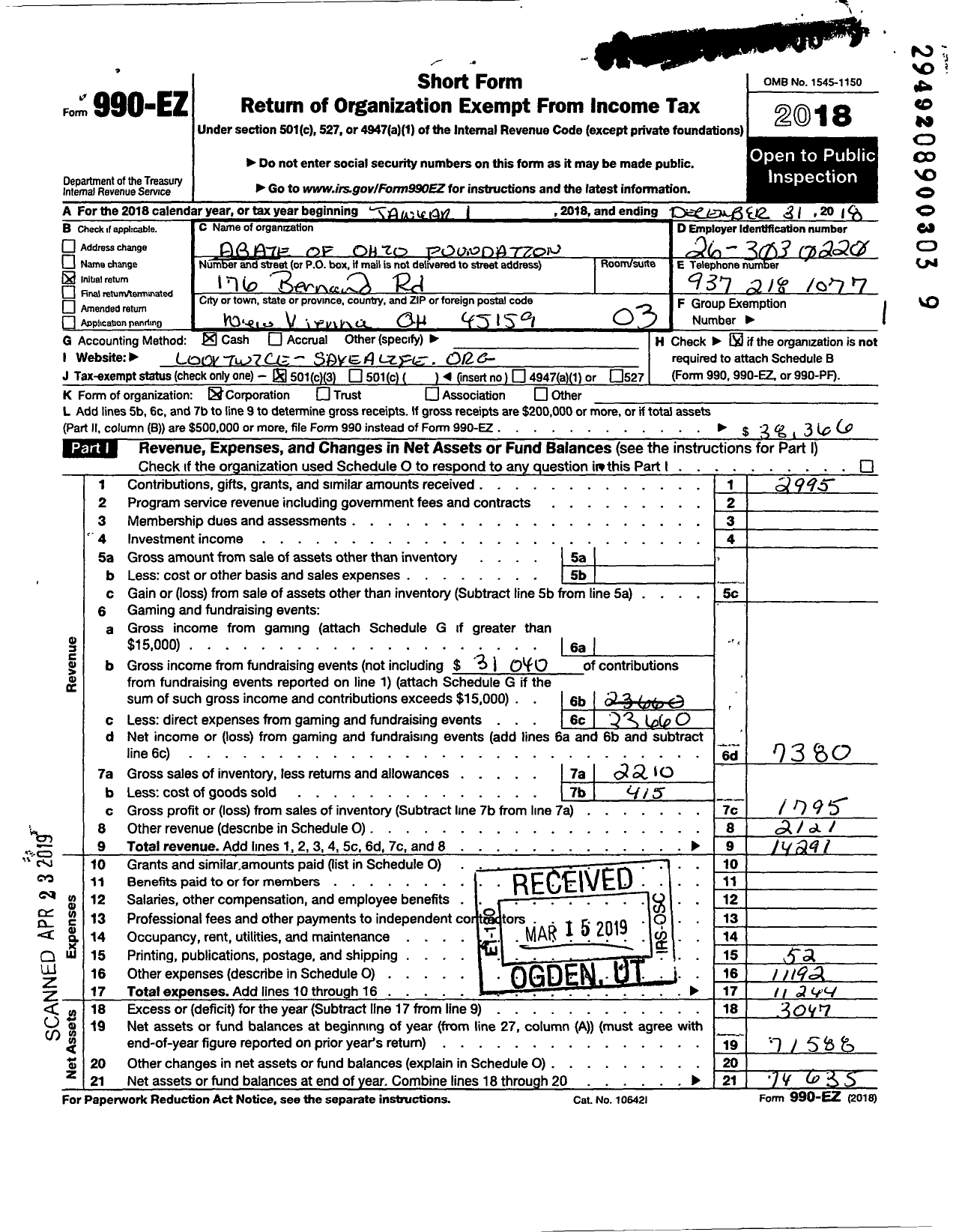 Image of first page of 2018 Form 990EZ for Abate of Ohio Foundation