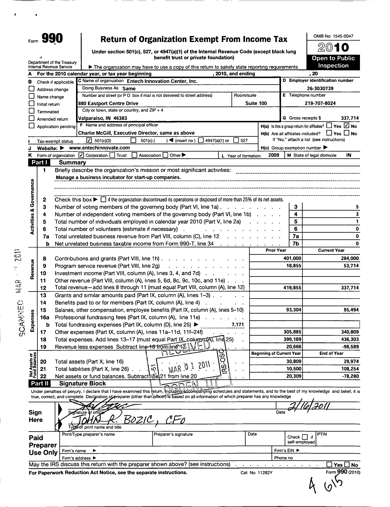 Image of first page of 2010 Form 990 for Entech Innovation Center