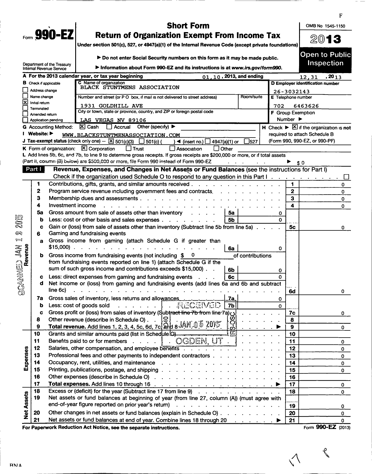 Image of first page of 2013 Form 990EZ for Black Stuntmens Association