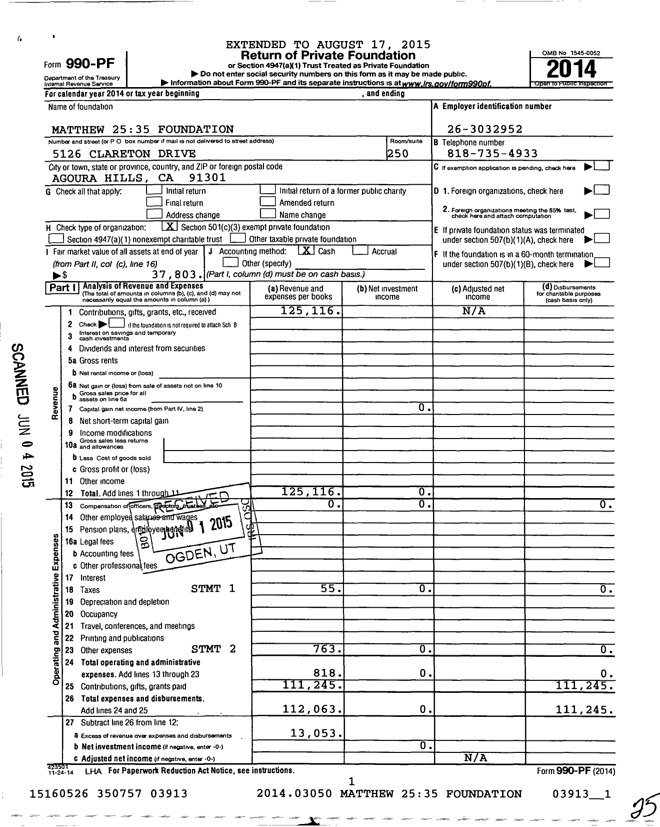 Image of first page of 2014 Form 990PF for Matthew 2535 Foundation