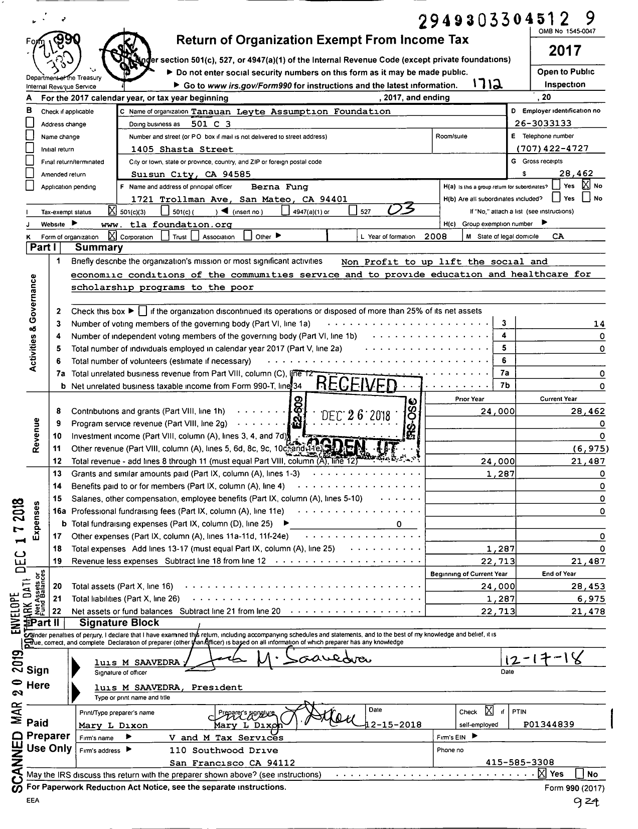 Image of first page of 2017 Form 990 for Tanaun Leyte Assuption Foundation