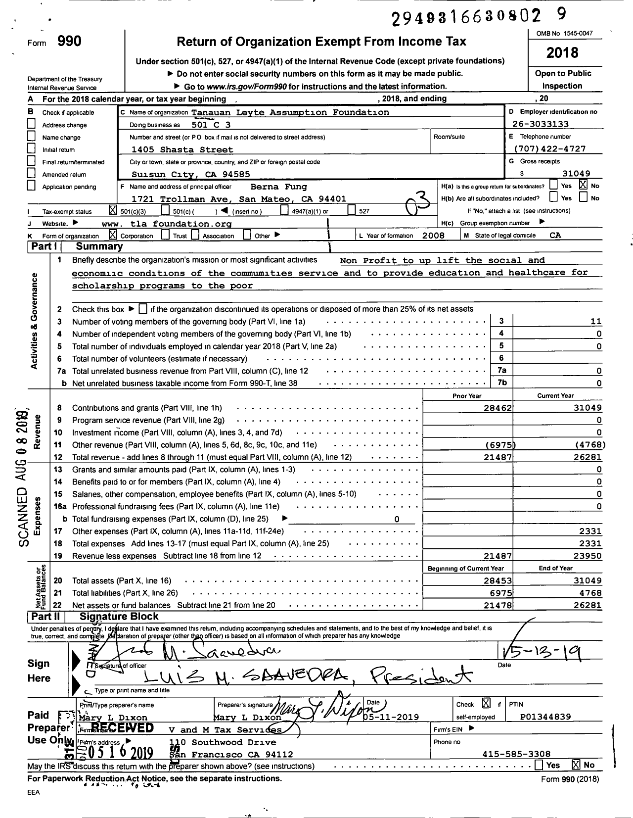 Image of first page of 2018 Form 990 for Tanaun Leyte Assuption Foundation