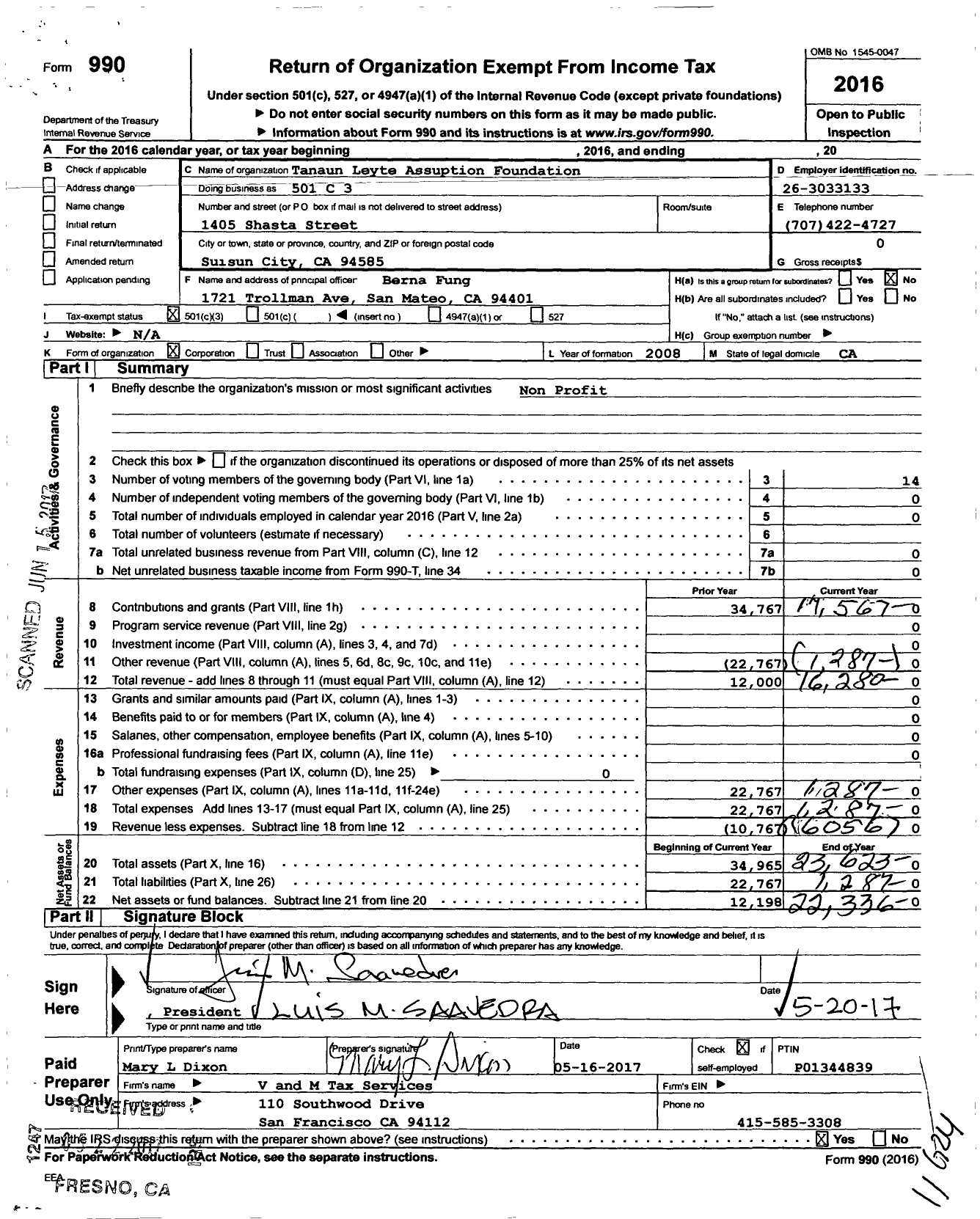 Image of first page of 2016 Form 990 for Tanaun Leyte Assuption Foundation