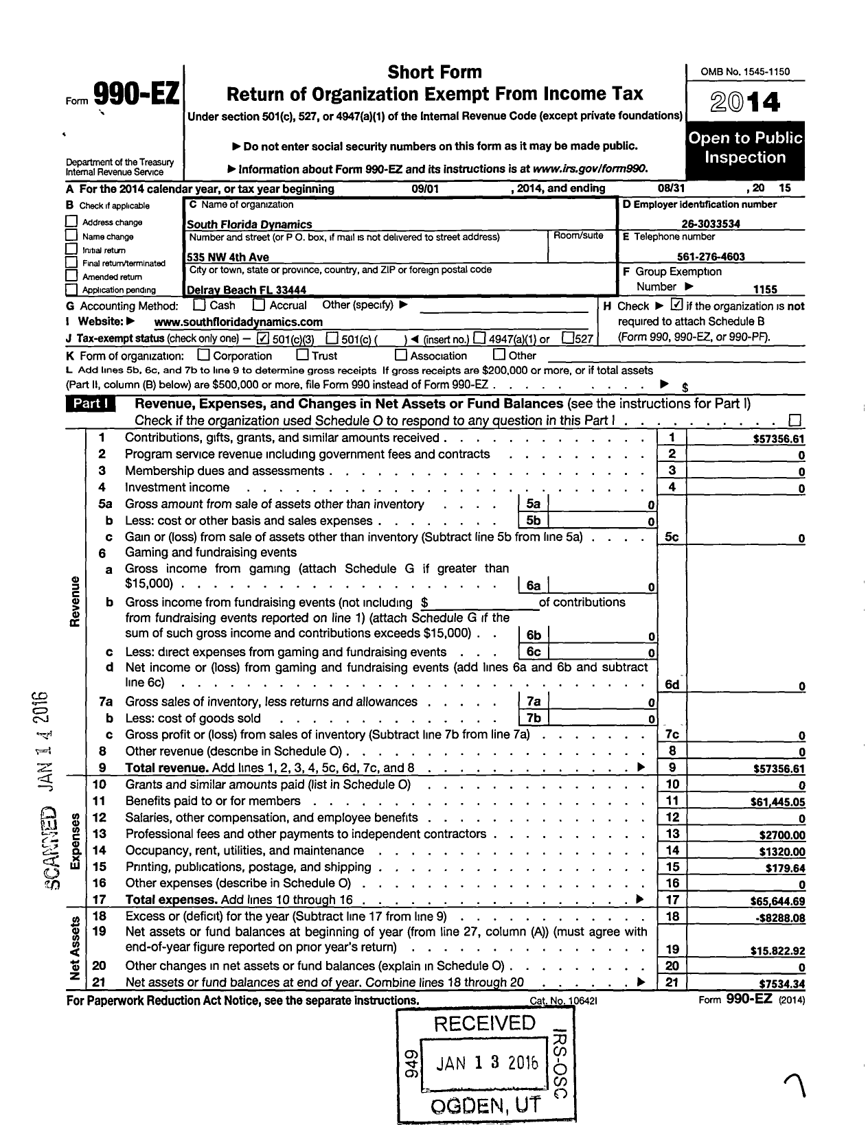 Image of first page of 2014 Form 990EZ for Amateur Athletic Union - South Florida Dynamics