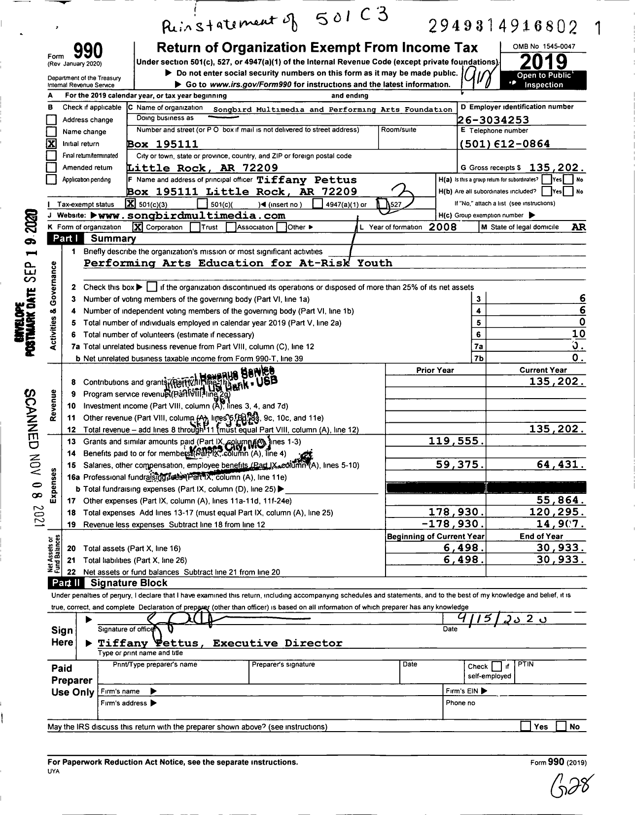 Image of first page of 2019 Form 990 for Songbird Multimedia and Performing Arts Foundation