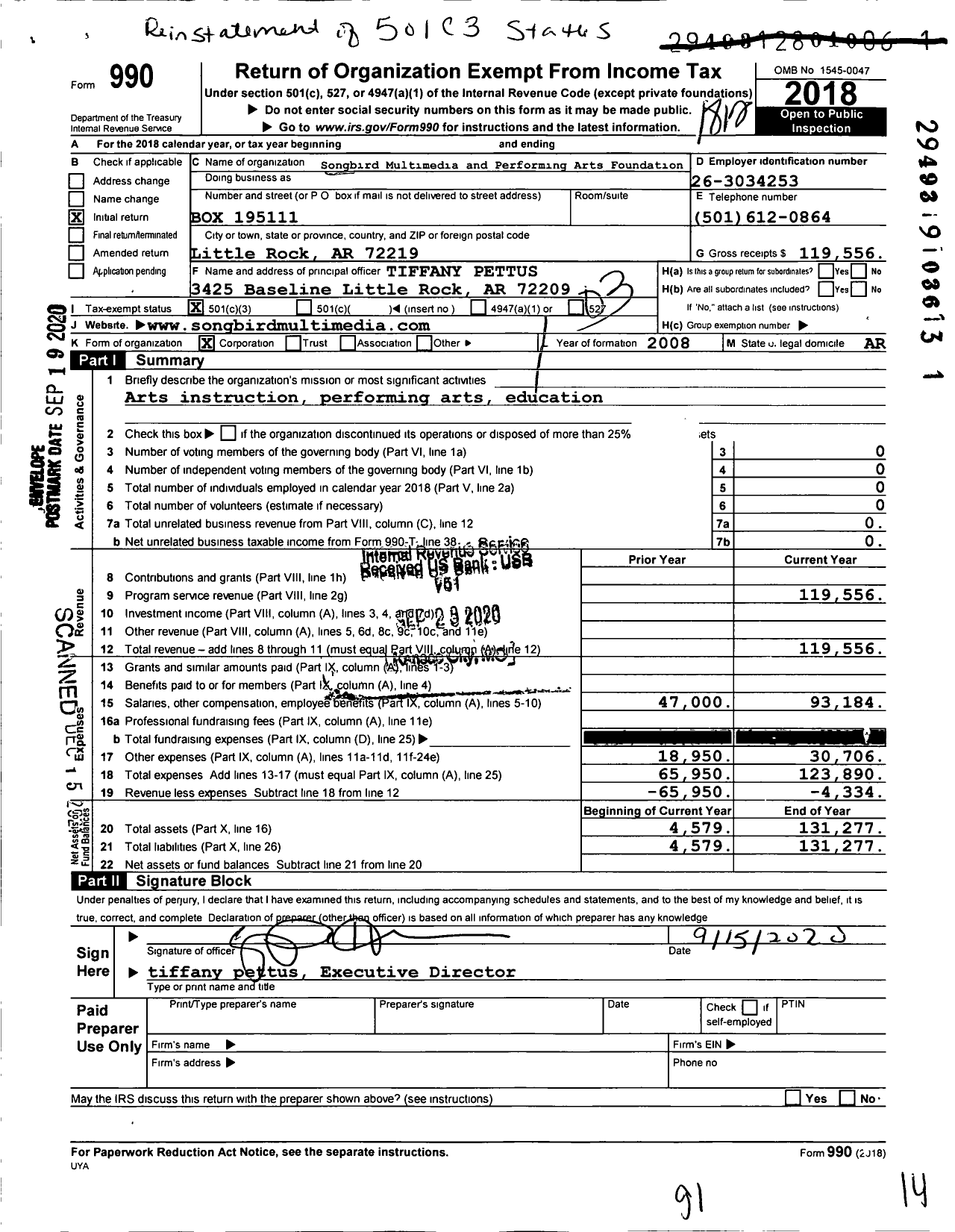 Image of first page of 2018 Form 990 for Songbird Multimedia and Performing Arts Foundation