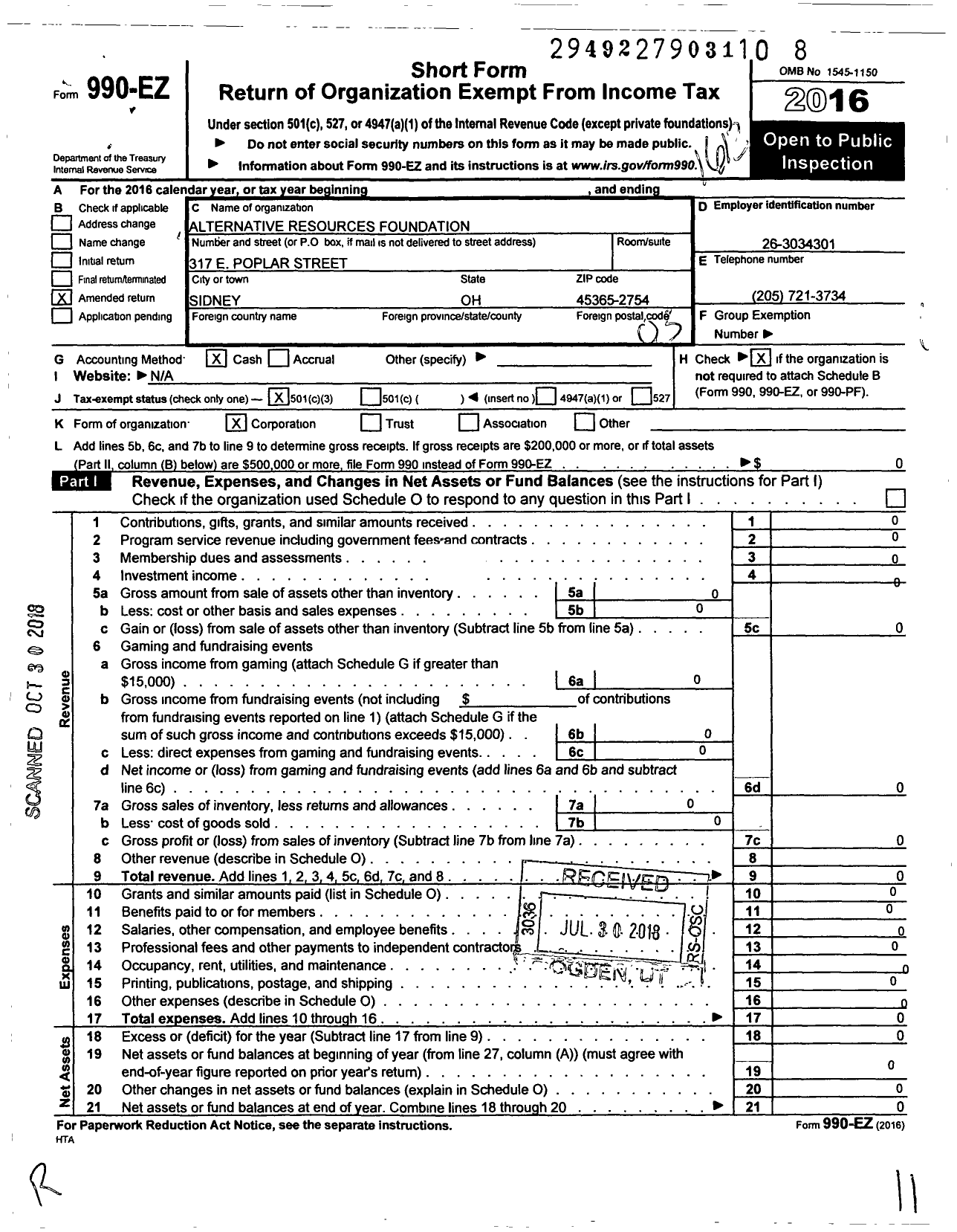 Image of first page of 2016 Form 990EZ for Alternative Resources Foundation