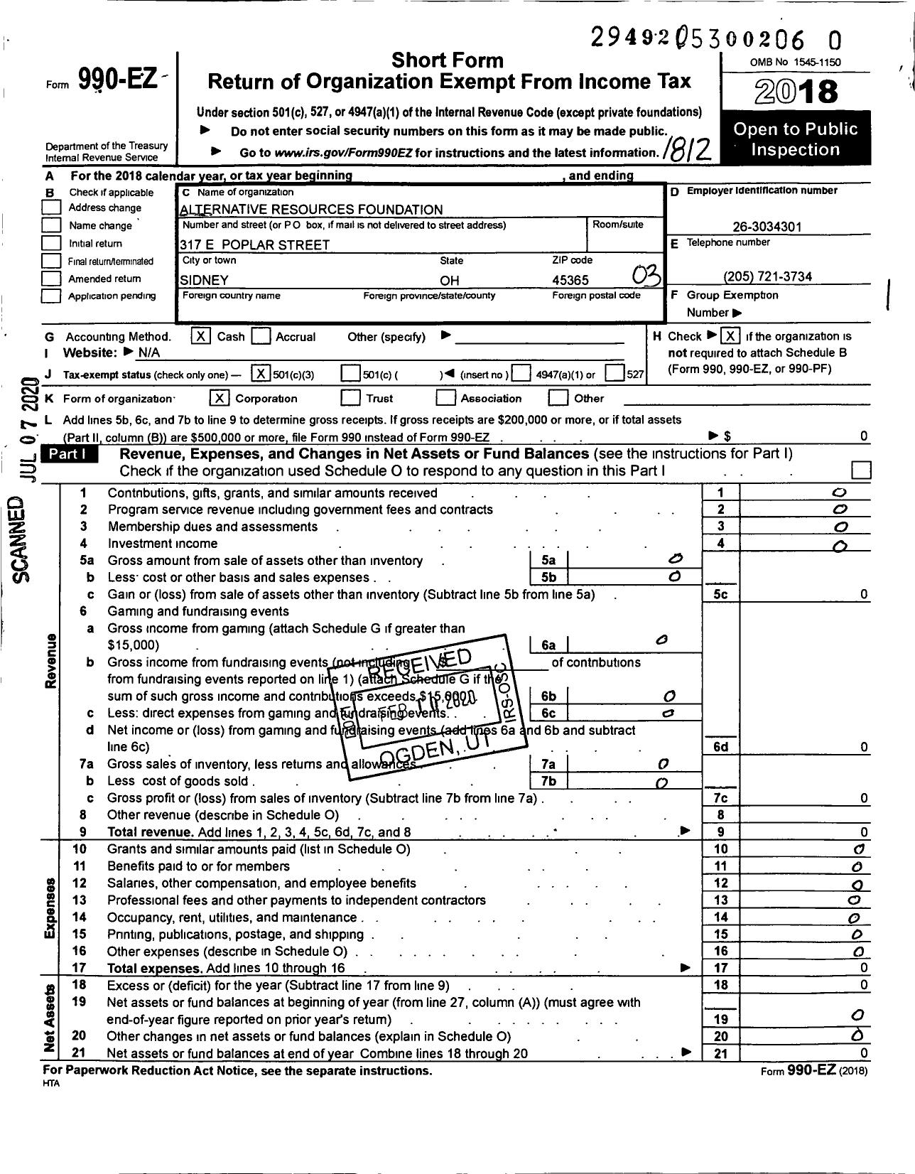 Image of first page of 2018 Form 990EZ for Alternative Resources Foundation