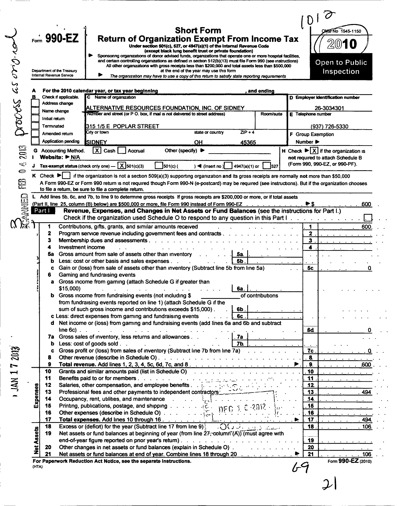 Image of first page of 2010 Form 990EZ for Alternative Resources Foundation