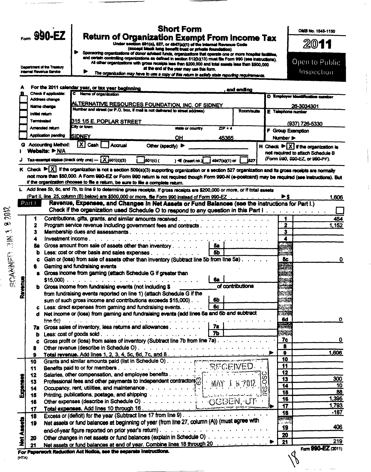 Image of first page of 2011 Form 990EZ for Alternative Resources Foundation