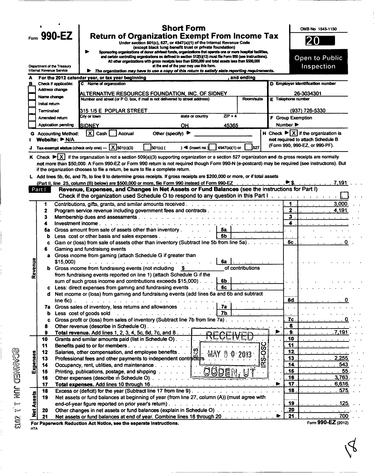 Image of first page of 2012 Form 990EZ for Alternative Resources Foundation