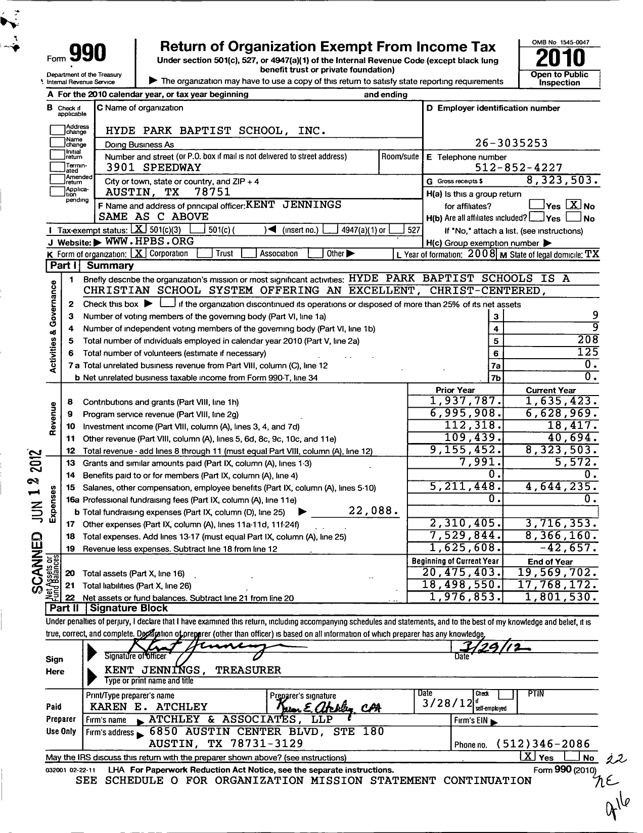 Image of first page of 2010 Form 990 for Hyde Park Baptist School