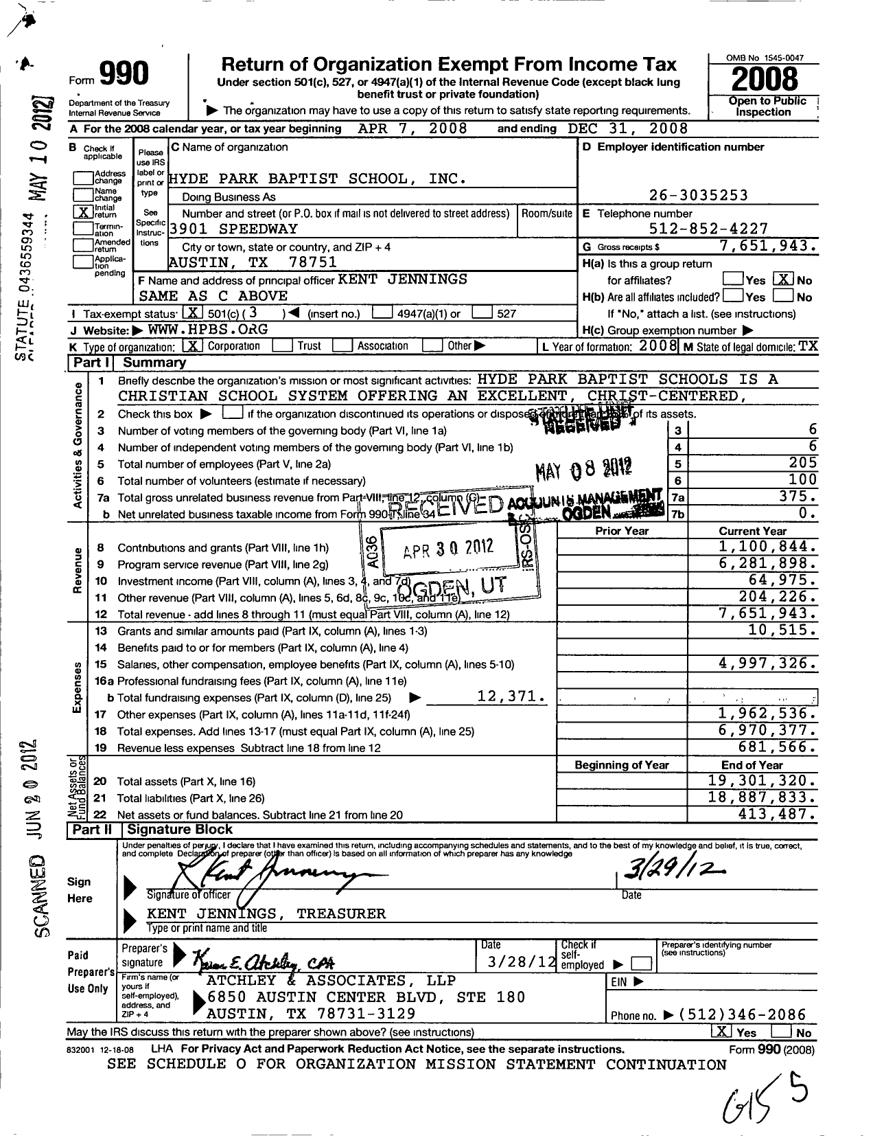 Image of first page of 2008 Form 990 for Hyde Park Baptist School