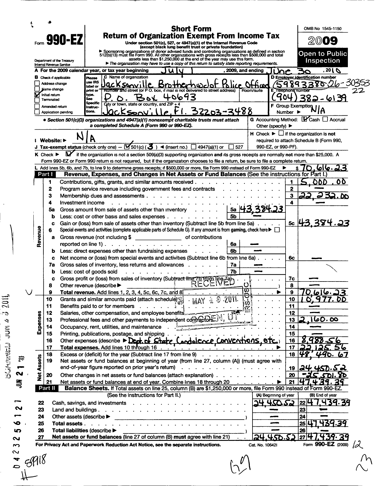 Image of first page of 2009 Form 990EZ for Jacksonville Brotherhood of Police Officers