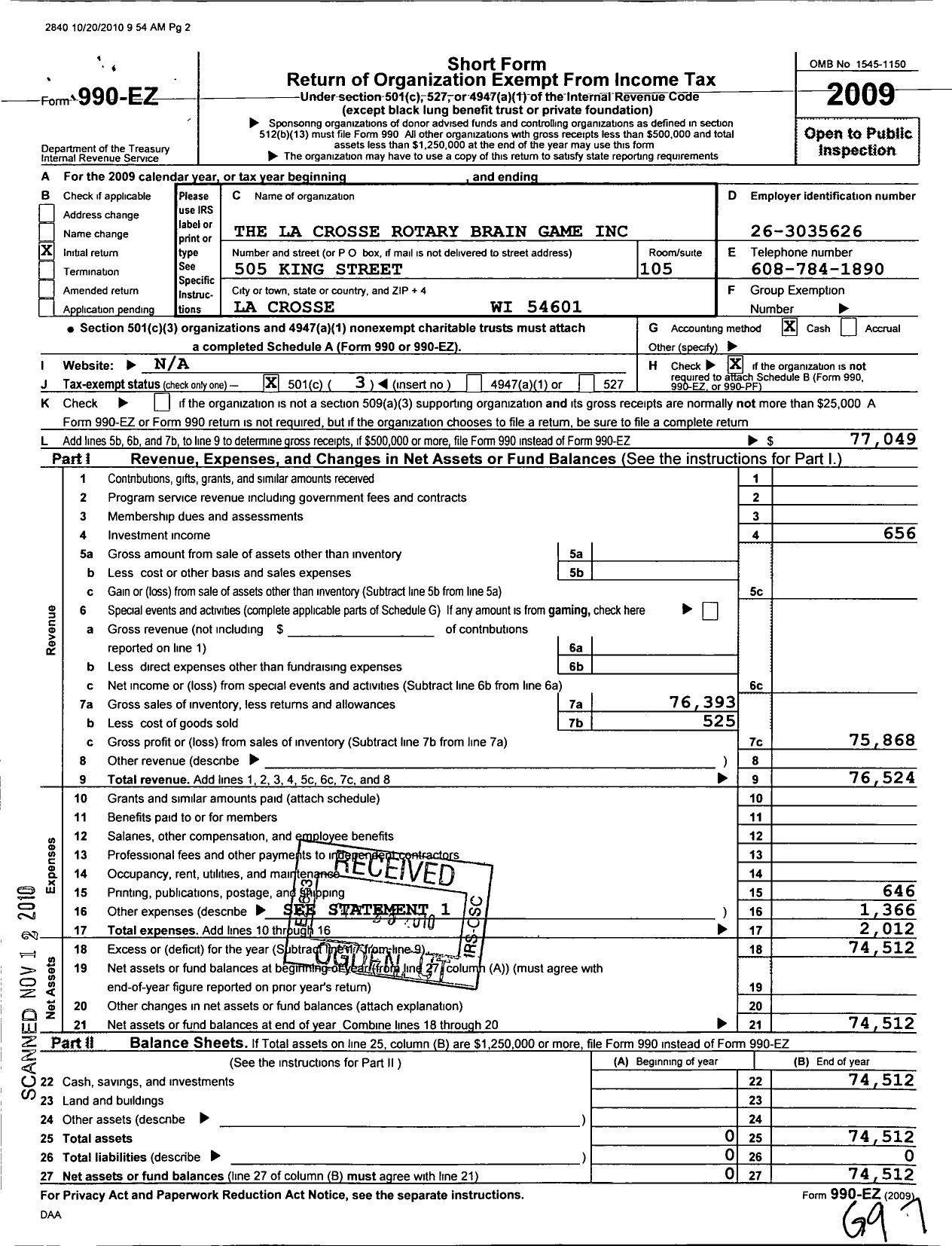 Image of first page of 2009 Form 990EZ for La Crosse Rotary Brain Game