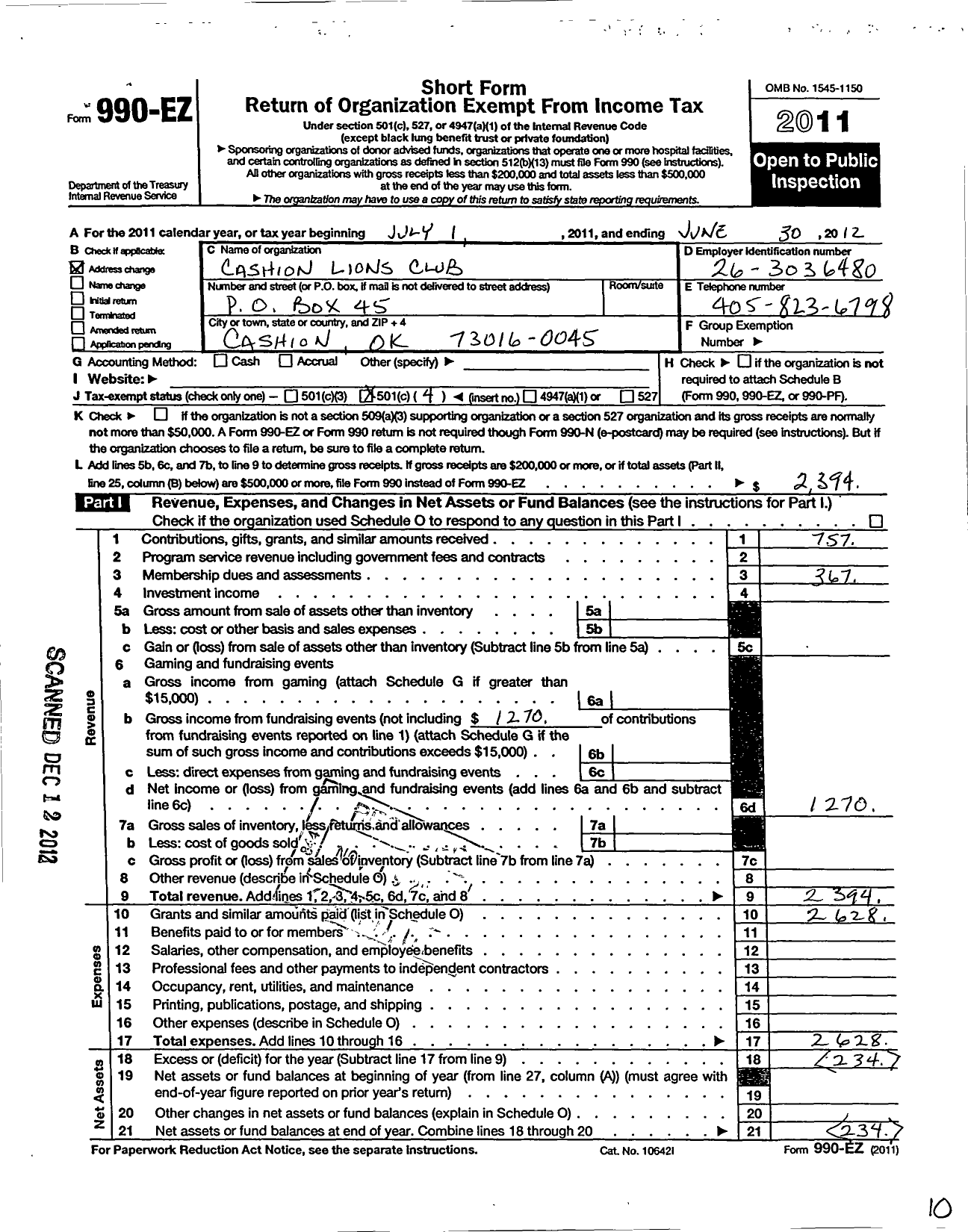 Image of first page of 2011 Form 990EO for International Association of Lions Clubs / 1799 Cashion